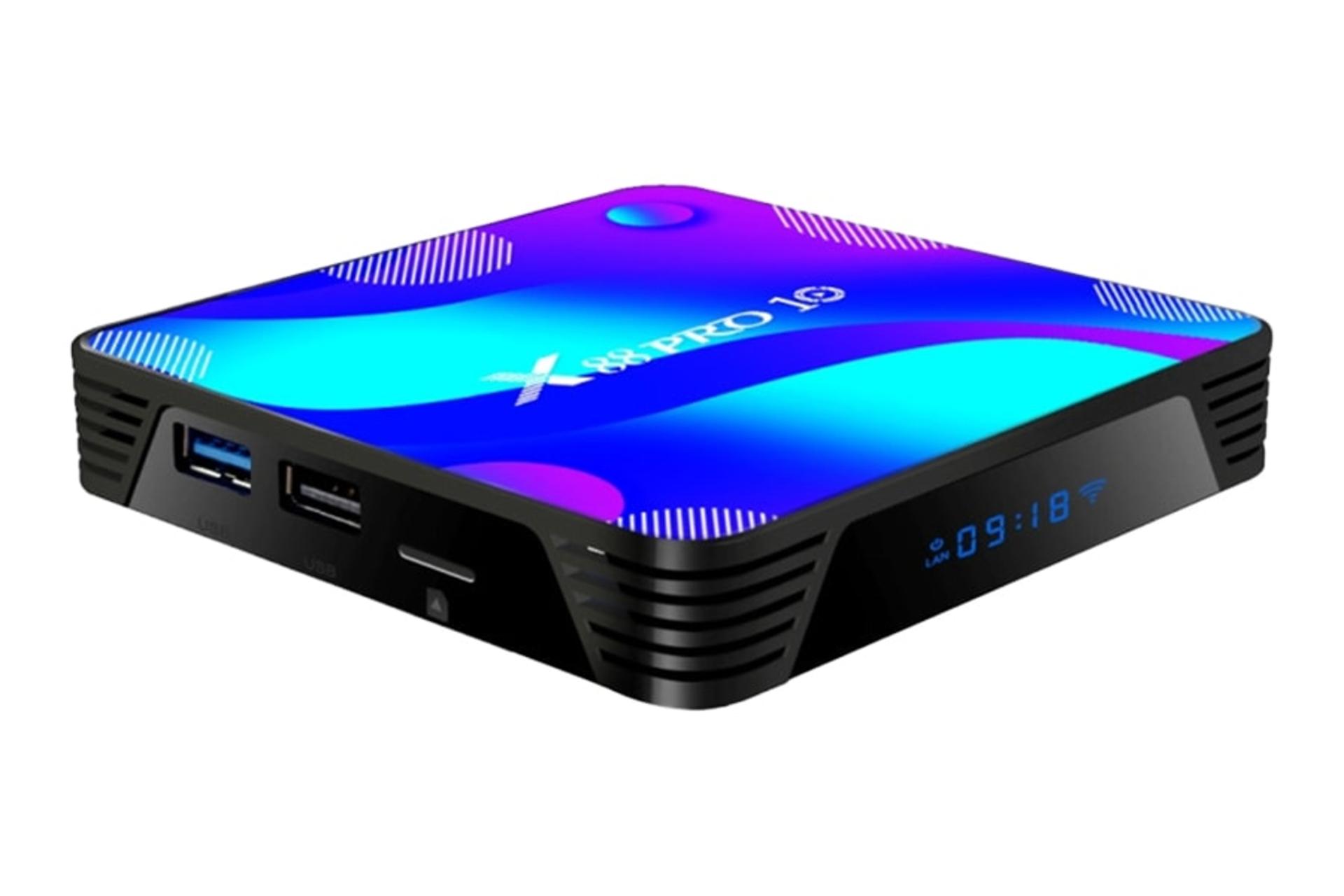 نمای نیمرخ اندروید باکس ایکس 88 PRO 10 با نمایش لوگوی پنل بالا و نمایش درگاه های لبه سمت چپ