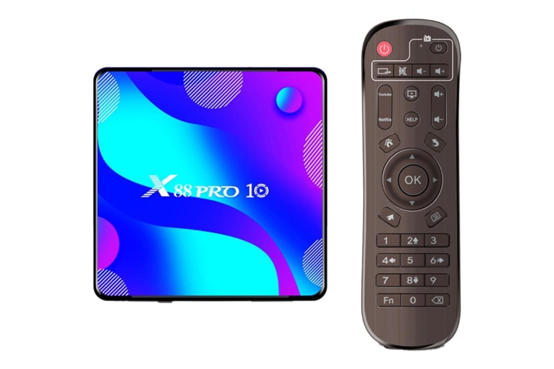 نمای کلی اندروید باکس ایکس 88 PRO 10 با نمایش ریموت کنترل