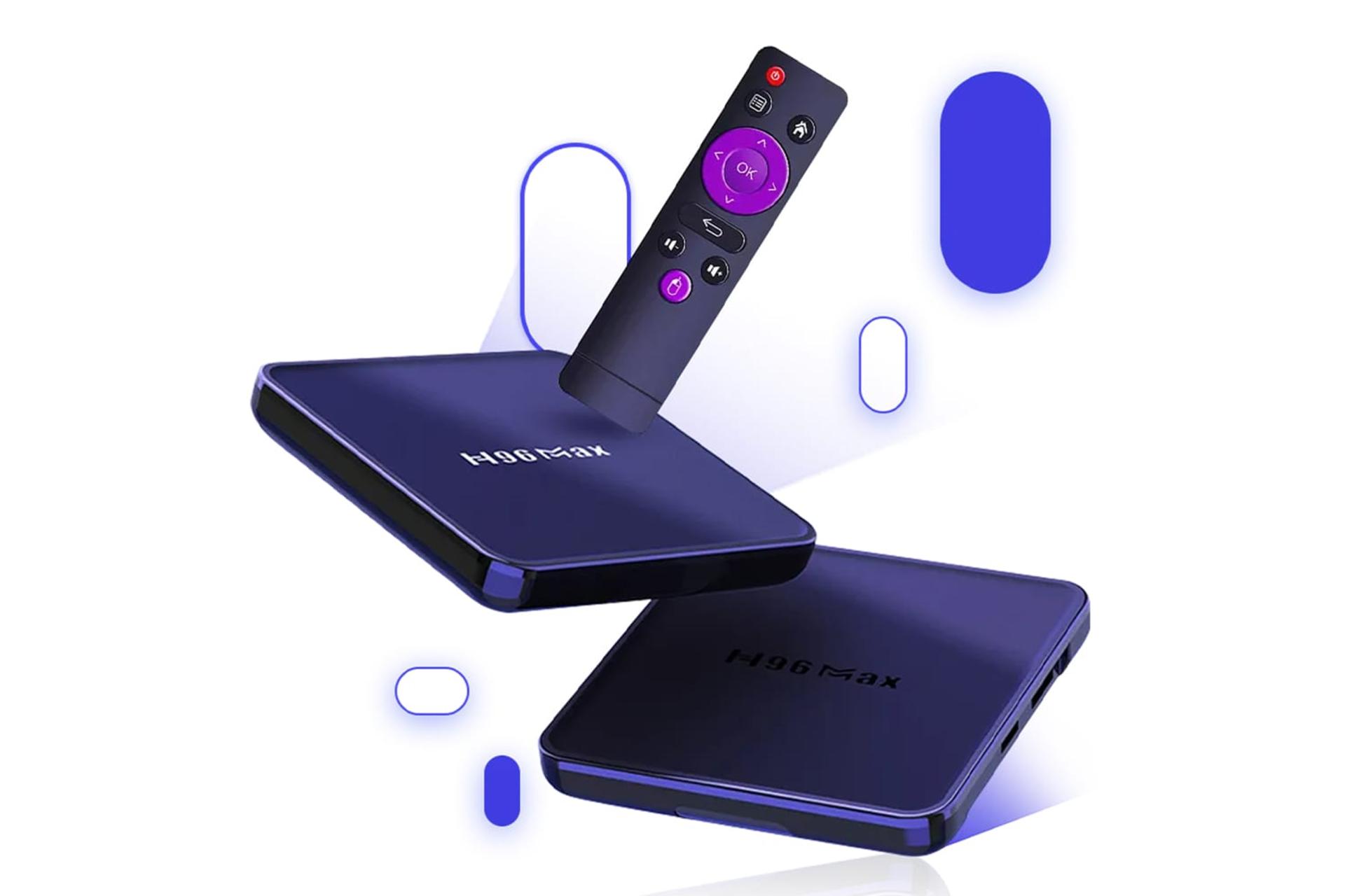 نمای کلی اندروید باکس اچ 96 Max V12 با نمایش ریموت کنترل