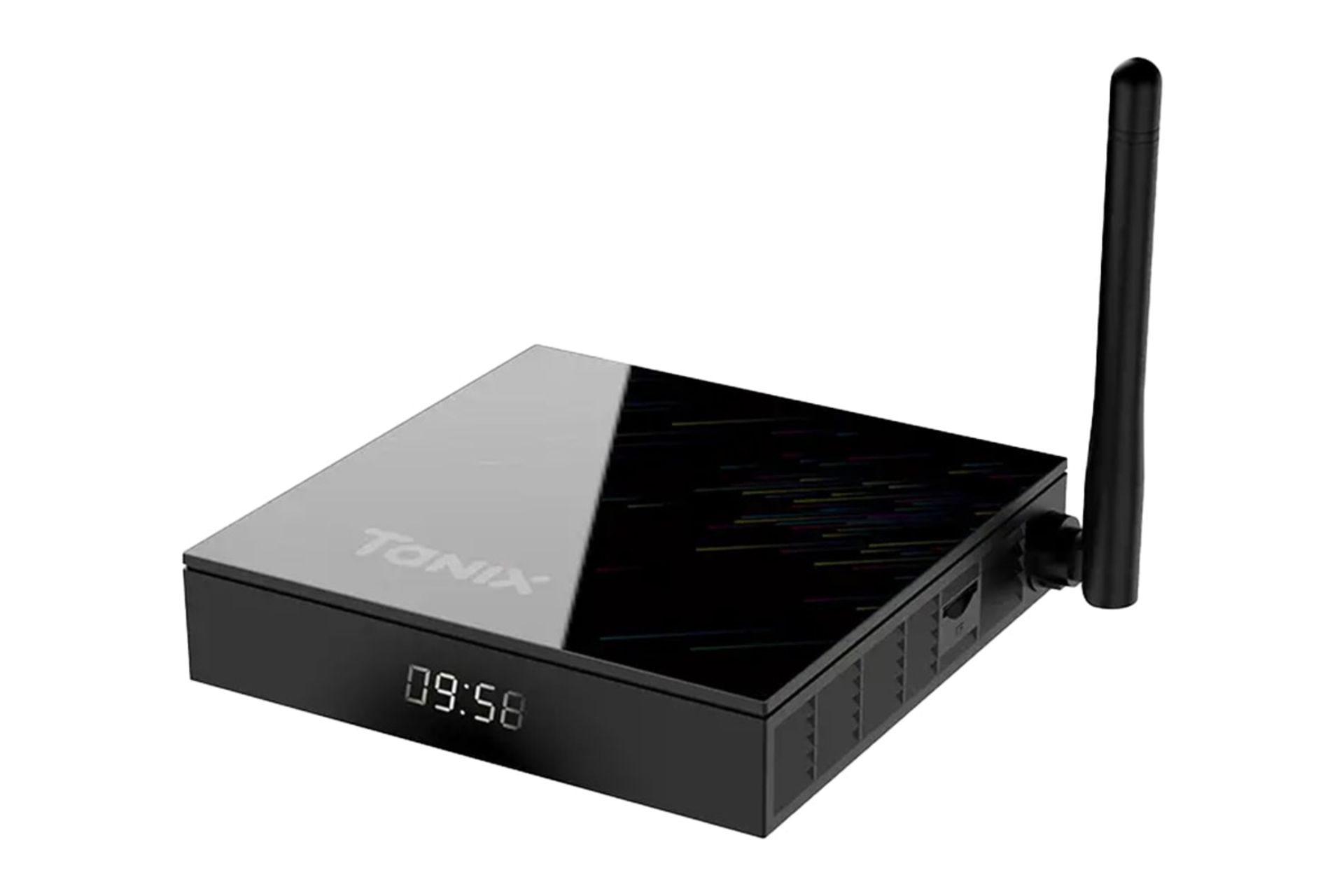 نمای نیمرخ اندروید باکس تانیکس TX68 با نمایش آنتن وای فای، لوگو و لبه های جلو و کناری