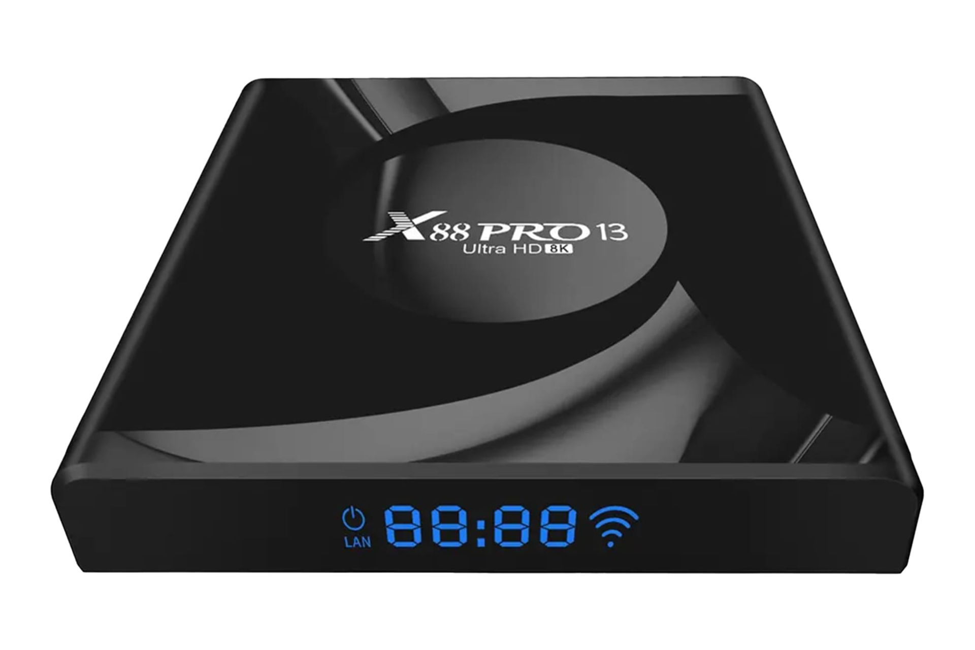 نمای رو به روی اندروید باکس ایکس 88 PRO 13 با نمایشگر روشن و نمایش لوگوی پنل بالا