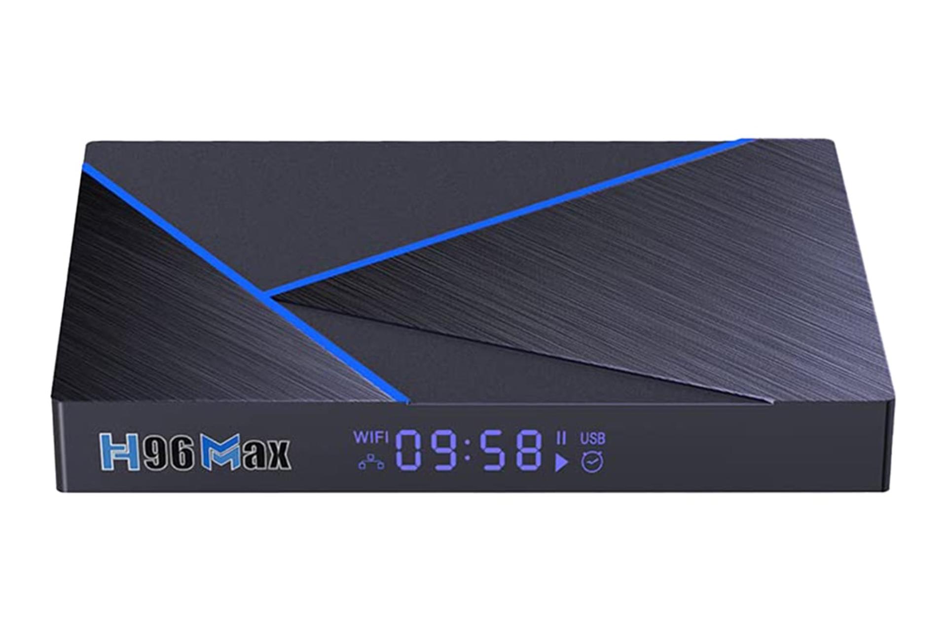 نمای رو به روی اندروید باکس اچ 96 Max V56 با نمایشگر روشن و نمایش لوگو