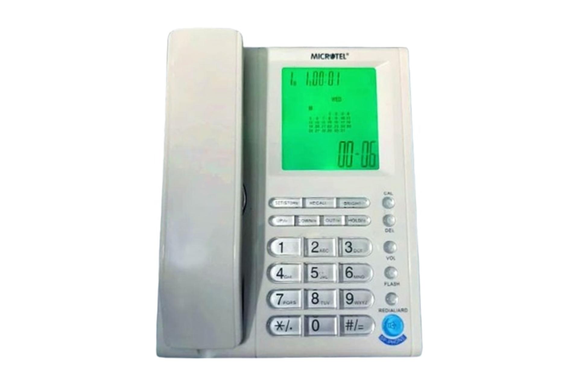 نمای تلفن میکروتل MCT-333 با نمایشگر روشن و نمایش صفحه کلید رنگ سفید