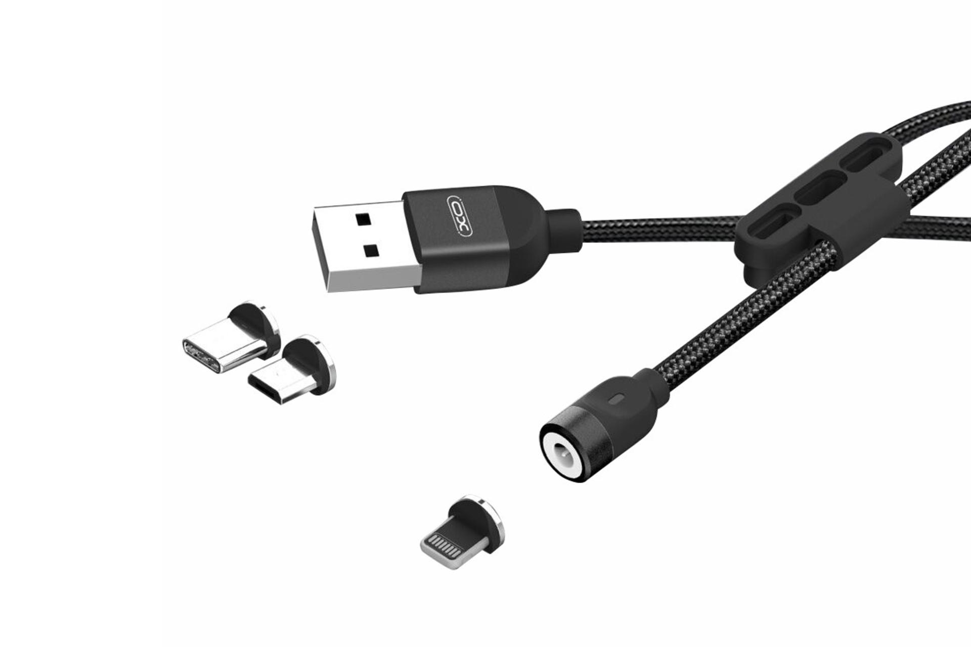 جعبه کانکتور و اتصال کابل شارژ USB ایکس او Type-A به Type-C+Micro-USB+Lightning مدل NB128 3in1 با طول 1 متر