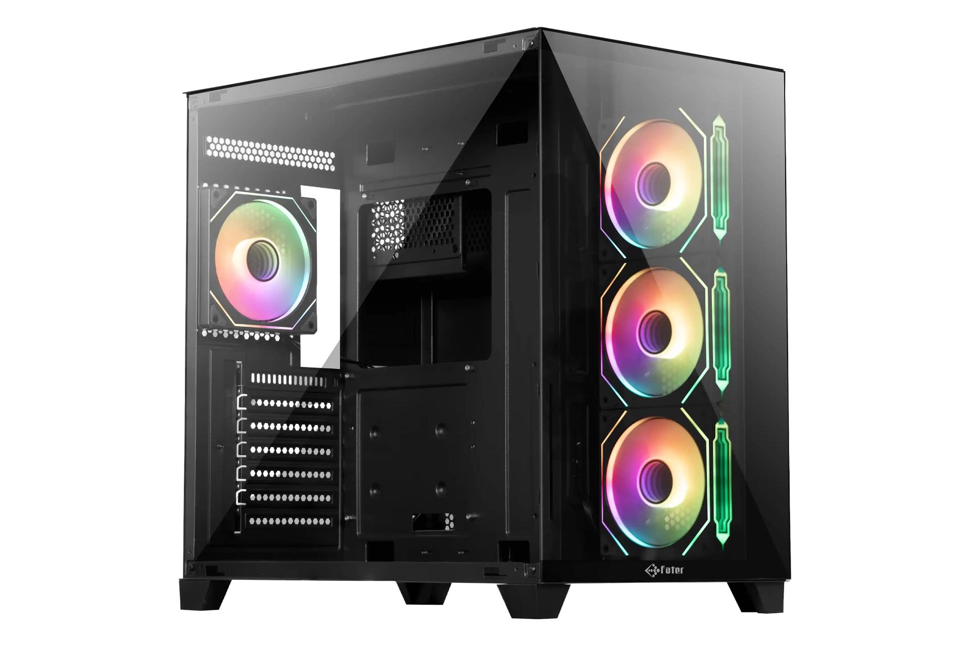 نمای نیمرخ کیس کامپیوتر فاطر FG-880B با نمایش پنل جلو، سمت چپ، لوگو و نورپردازی فن‌ها