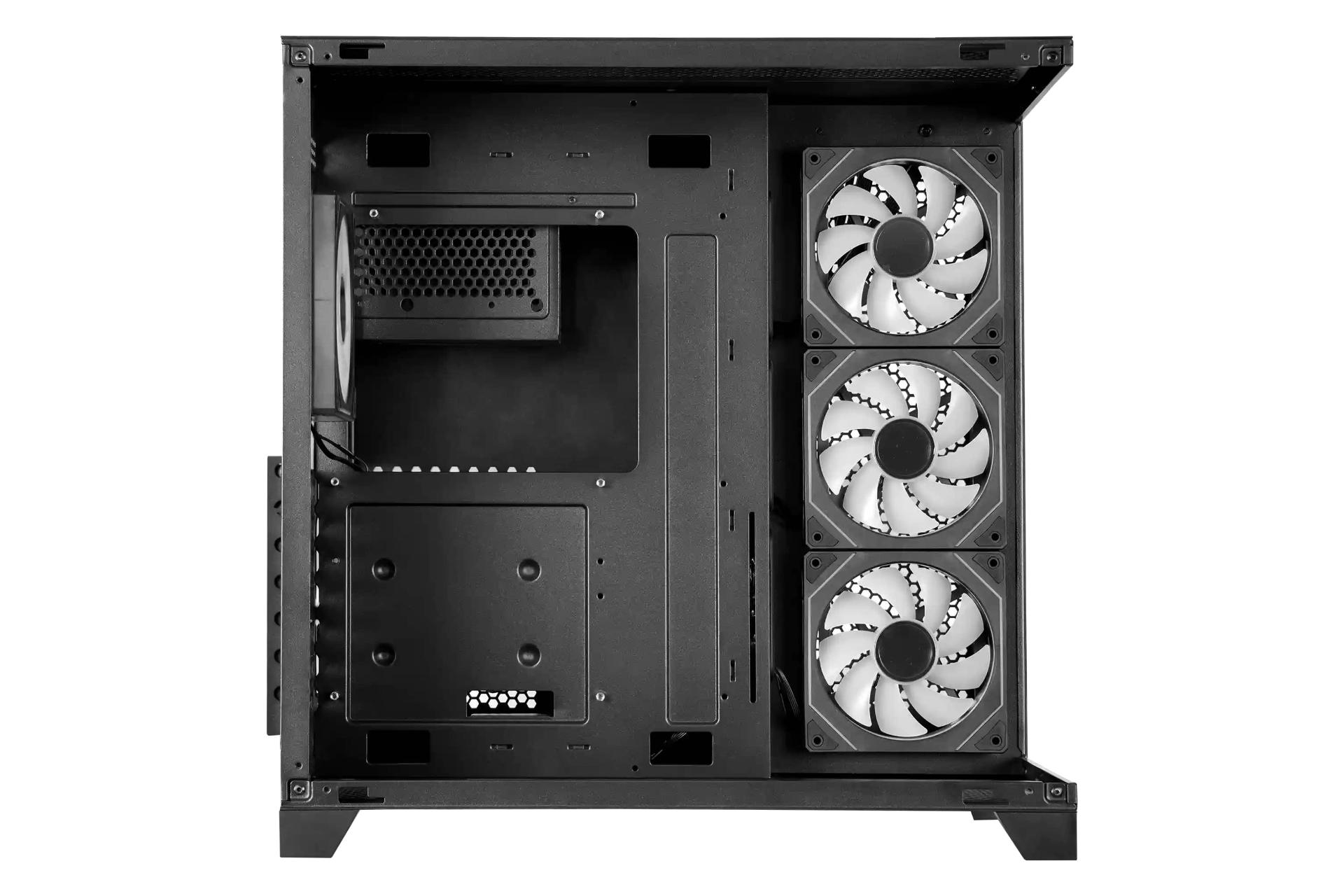 نمای داخلی پنل سمت چپ کیس کامپیوتر فاطر FG-880B با نمایش محل نصب مادربرد و فن‌ها