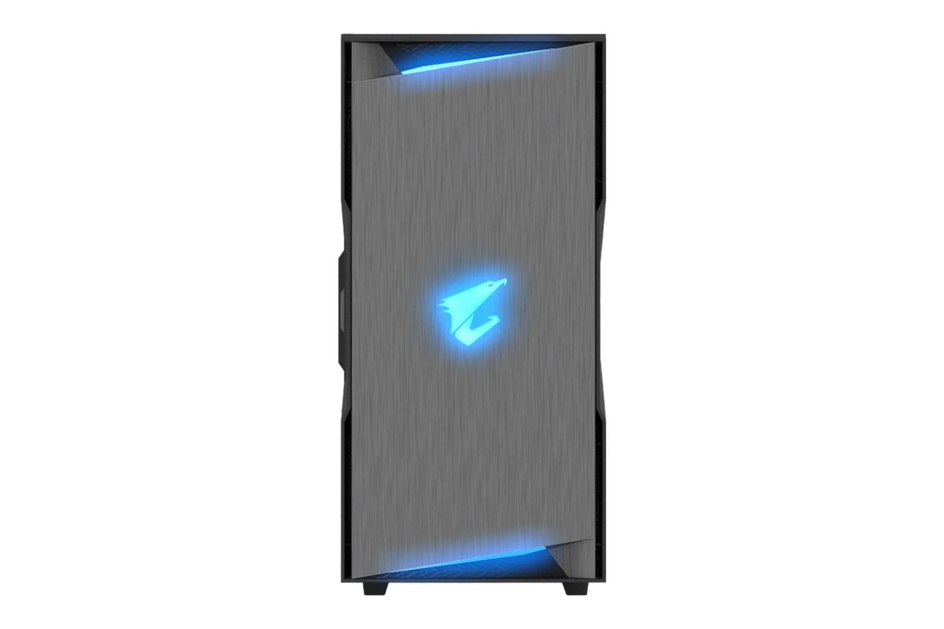 نمای رو به روی کیس کامپیوتر گیگابایت AORUS C300 GLASS با نمایش نورپردازی پنل جلو و لوگو