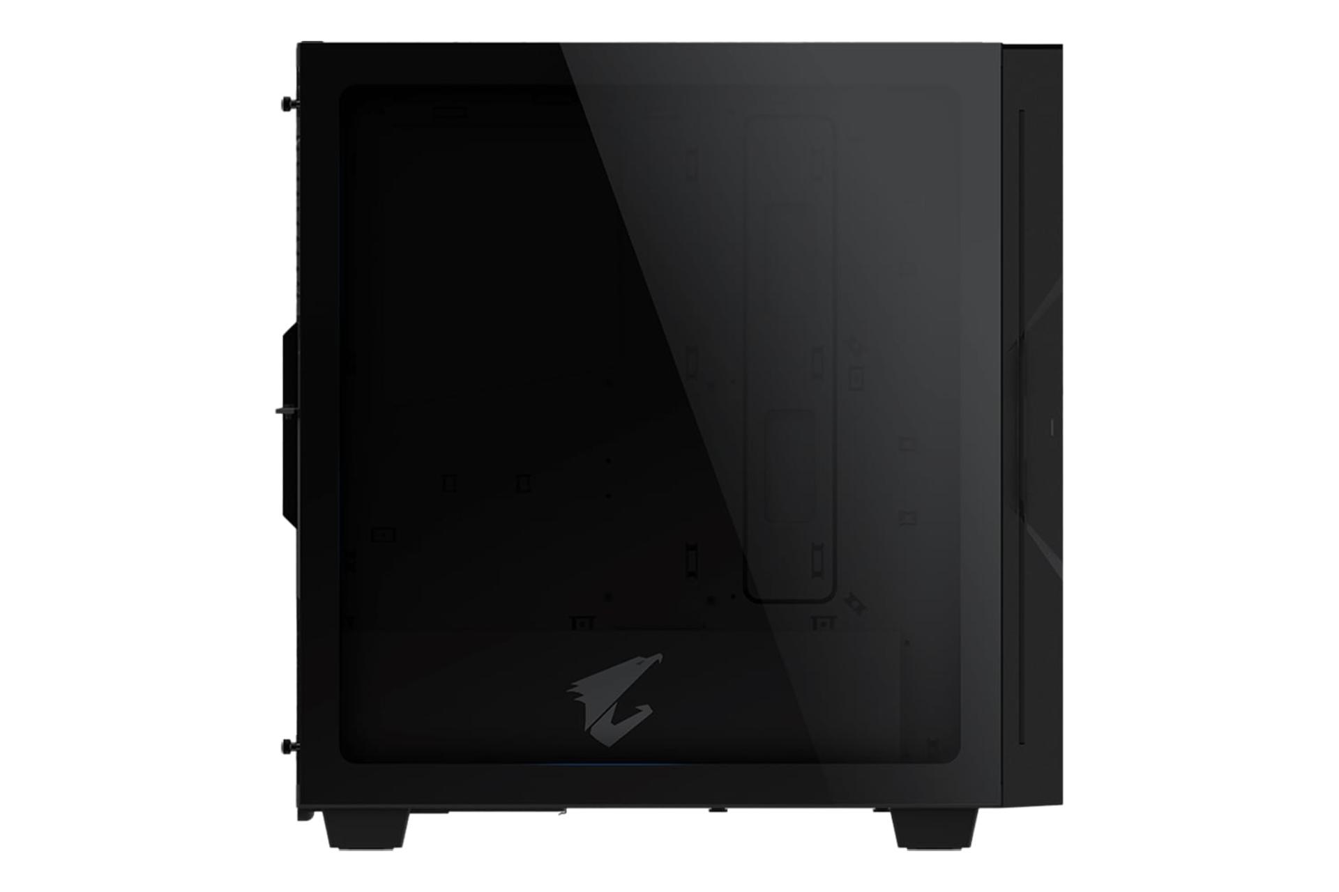 نمای پنل سمت چپ کیس کامپیوتر گیگابایت AORUS C300 GLASS با نمایش محل نصب مادربرد و نورپردازی لوگو