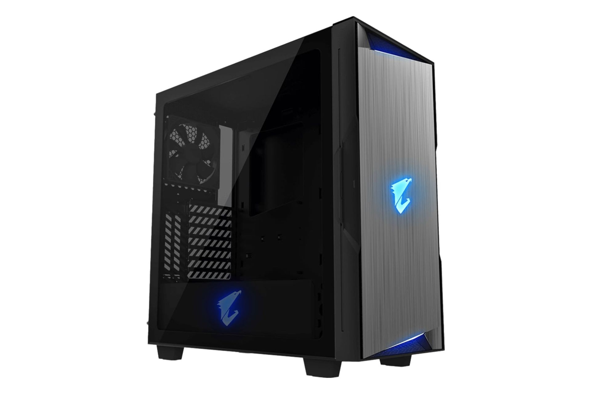 نمای نیمرخ کیس کامپیوتر گیگابایت AORUS C300 GLASS با نمایش نورپردازی پنل جلو و سمت چپ