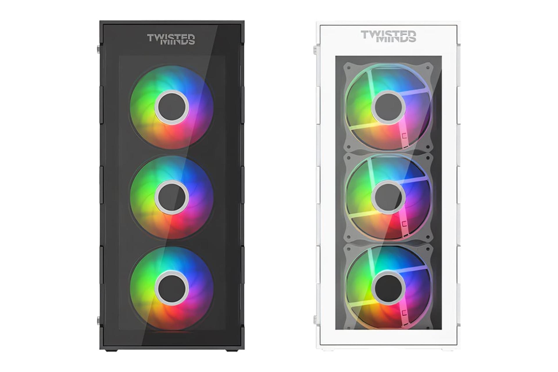 نمای رو به روی کیس کامپیوتر تویستد مایندز Titan با نمایش فن و لوگو رنگ های سفید و مشکی