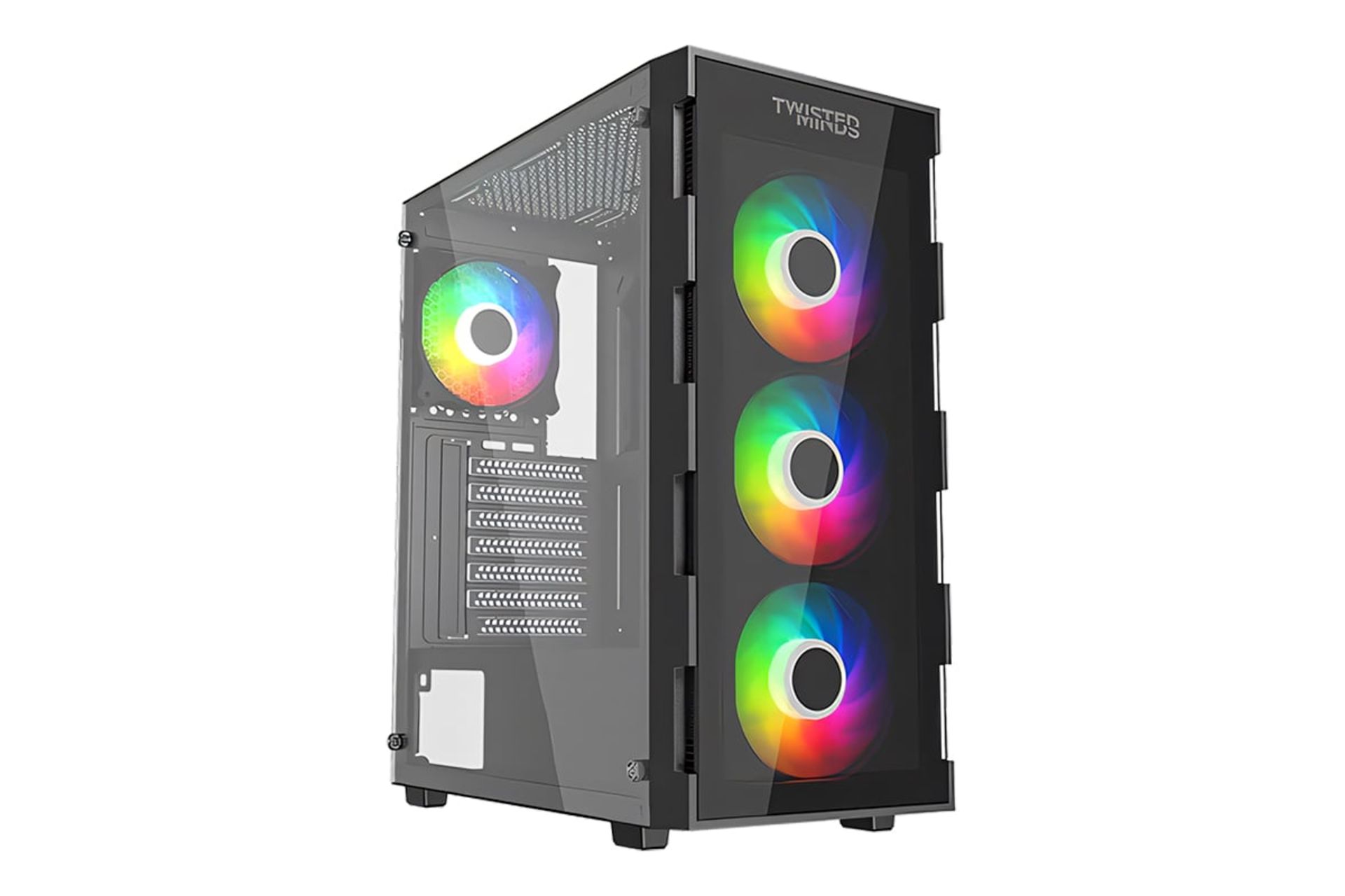 نمای نیمرخ کیس کامپیوتر تویستد مایندز Titan با نمایش پنل جلو و کناری رنگ سفید