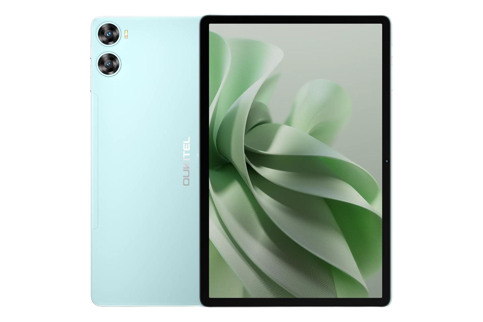 نمای کلی تبلت اوکیتل OT9 با نمایشگر روشن و نمایش دوربین و لوگوی پنل پشت رنگ سبز