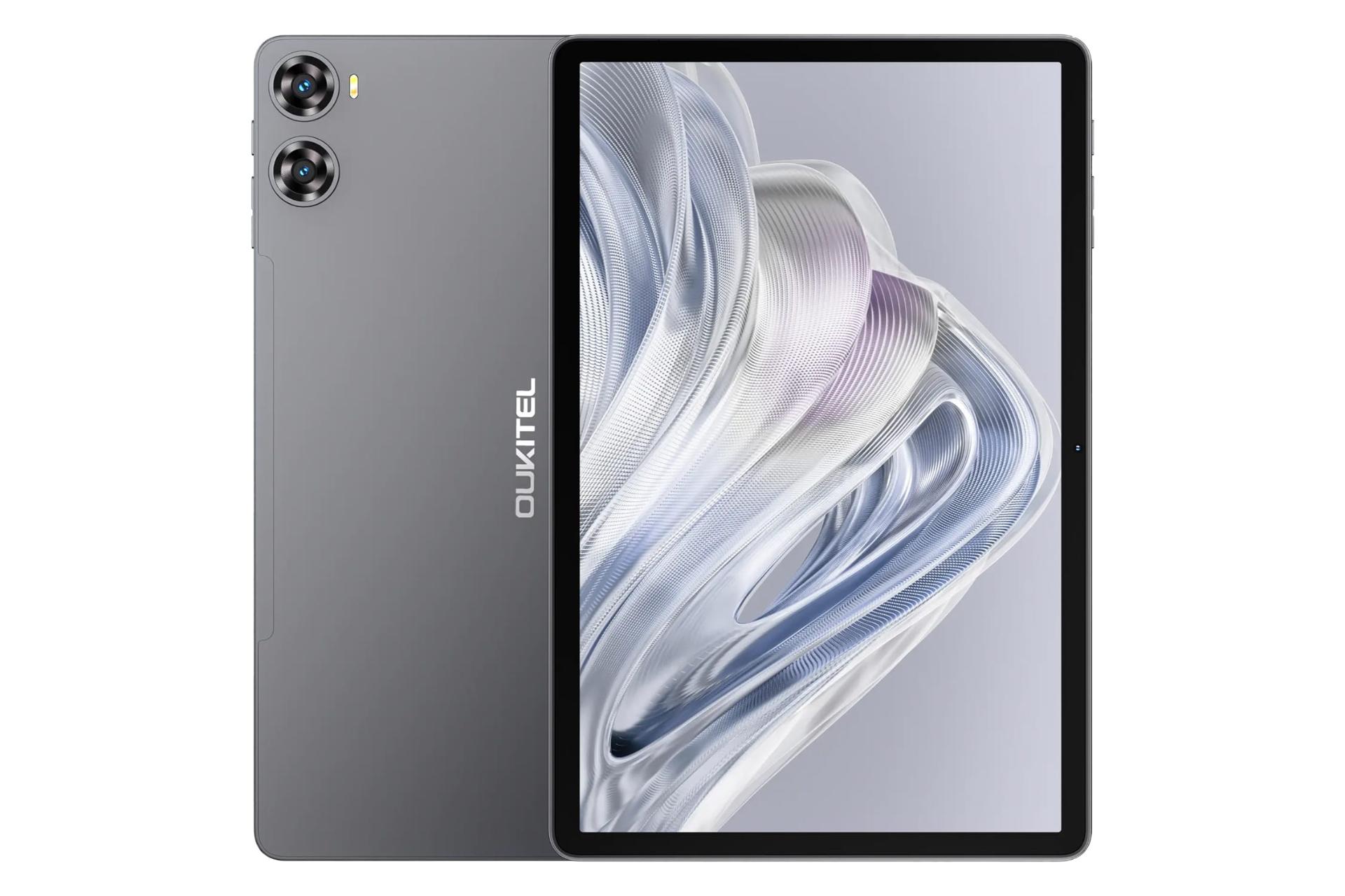 نمای کلی تبلت اوکیتل OT9 با نمایشگر روشن و نمایش دوربین و لوگوی پنل پشت رنگ خاکستری