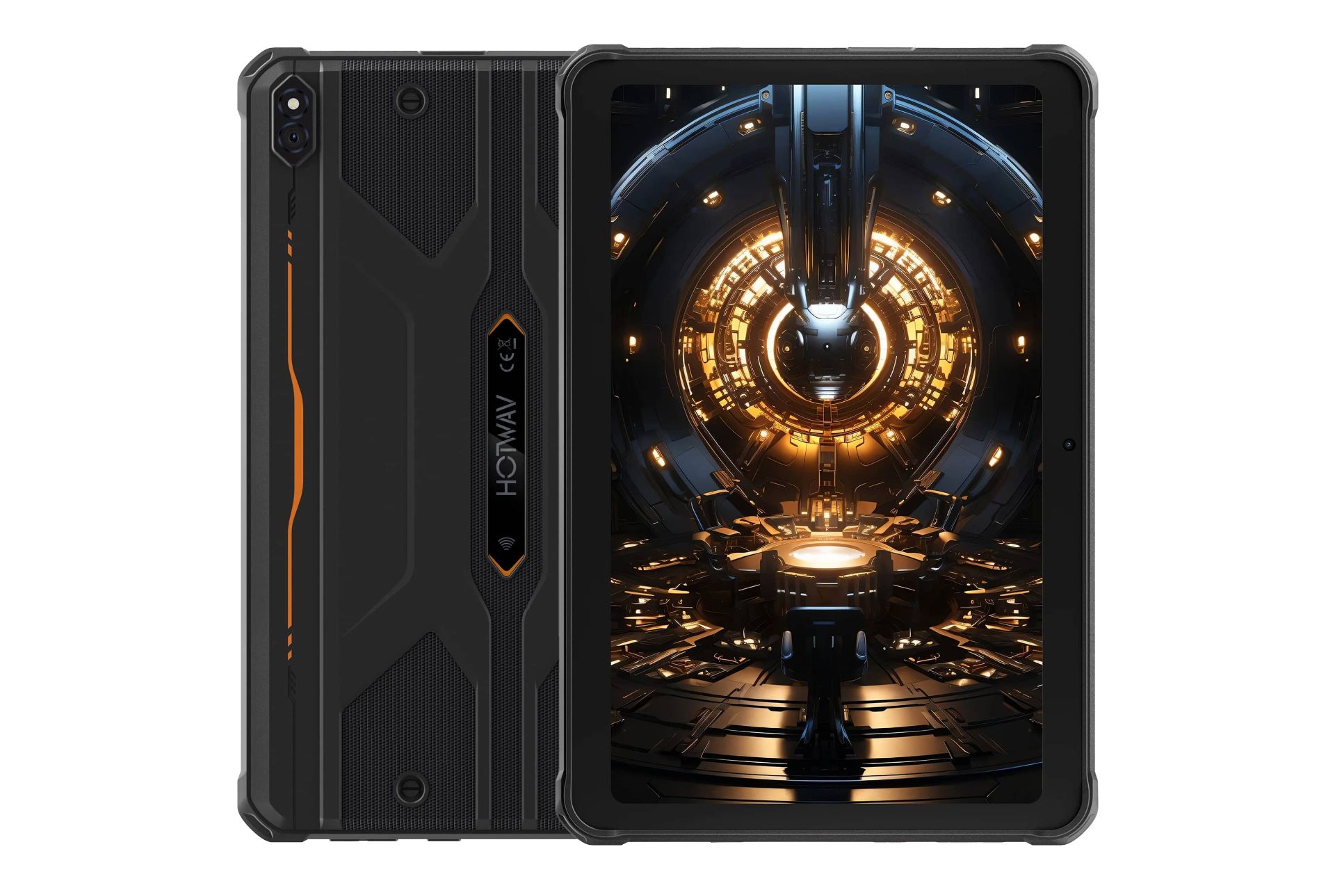 نمای کلی تبلت R8 هات ویو / HOTWAV R8 با نمایشگر روشن و نمایش لوگو و دوربین پنل پشت