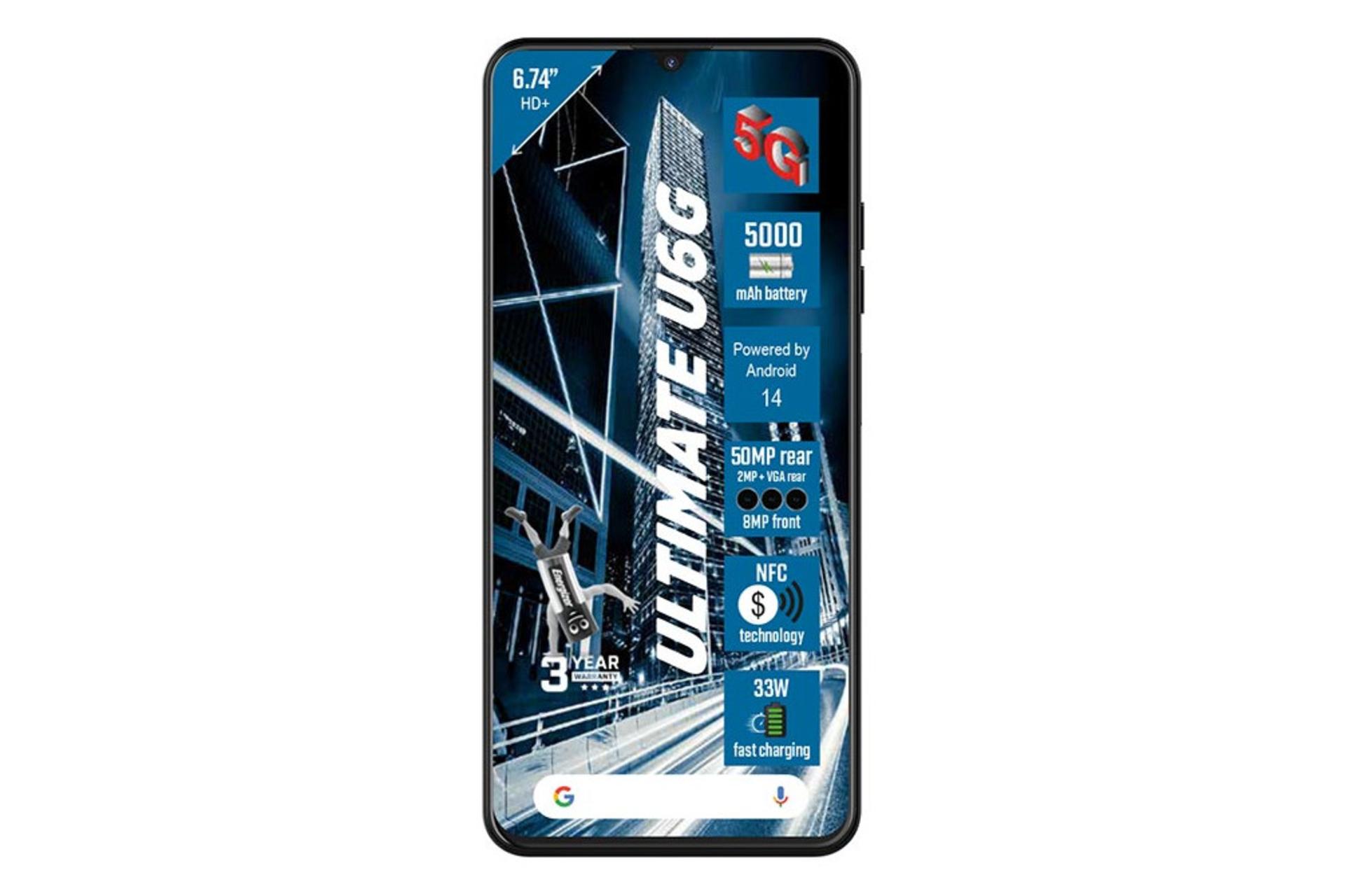 پنل جلو و صفحه نمایش گوشی موبایل انرجایزر Energizer Ultimate U6G