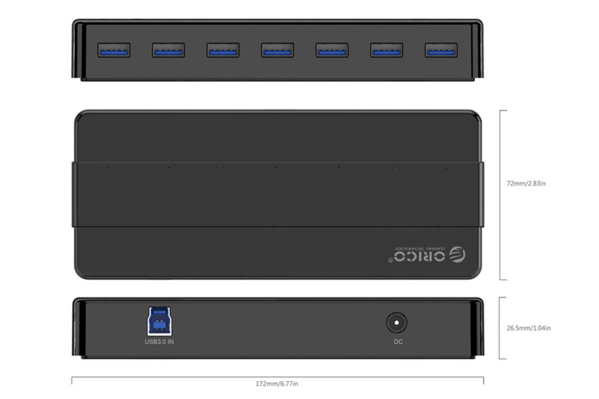 ابعاد و اندازه هاب USB-A اوریکو 7 پورت مدل H7928-U3-V1