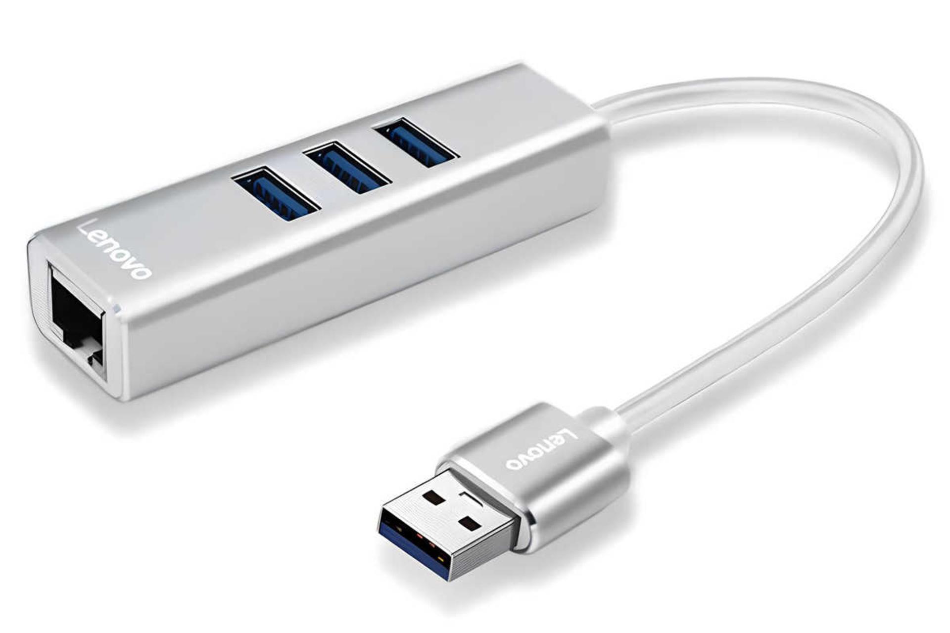 نمای سمت چپ هاب USB-A لنوو 4 پورت مدل A615 رنگ نقره‌ای