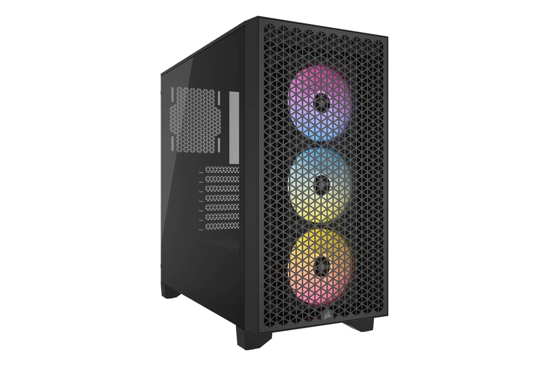 نمای نیمرخ کیس کامپیوتر کورسیر 3000D RGB AIRFLOW با نمایش پنل جلو و سمت چپ رنگ مشکی