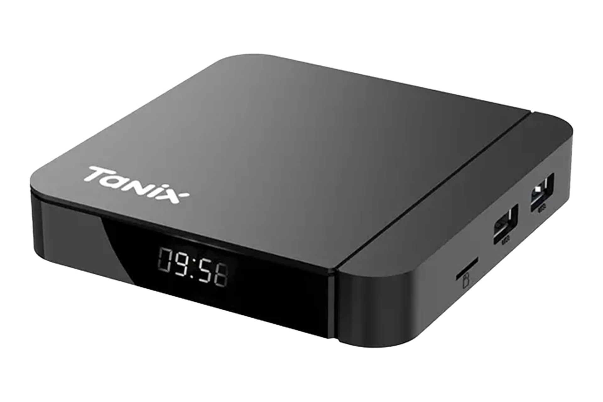 نمای نیمرخ اندروید باکس تانیکس W2 با نمایشگر روشن و نمایش لوگوی پنل بالا و درگاه‌های لبه سمت راست