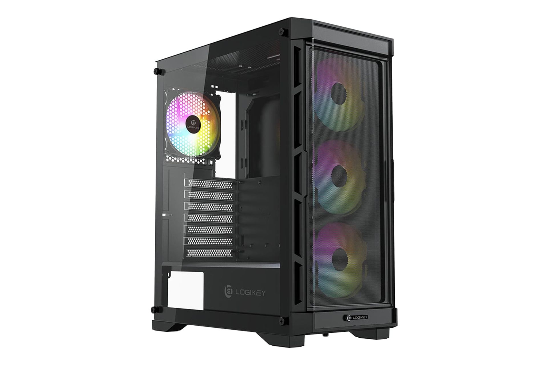 نمای نیمرخ کیس کامپیوتر لاجی کی C375B با نمایش پنل جلو و سمت چپ