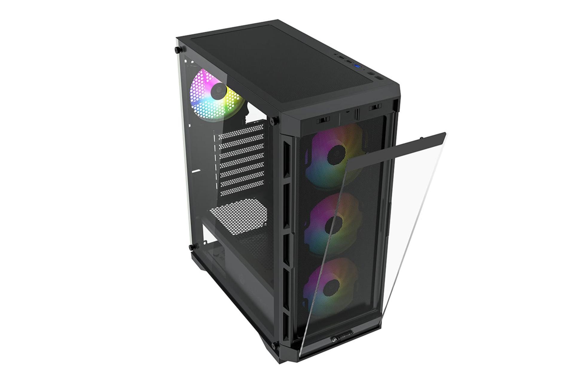 نمای نیمرخ کیس کامپیوتر لاجی کی C375B با نمایش قابلیت جداسازی پنل شیشه‌ای جلو