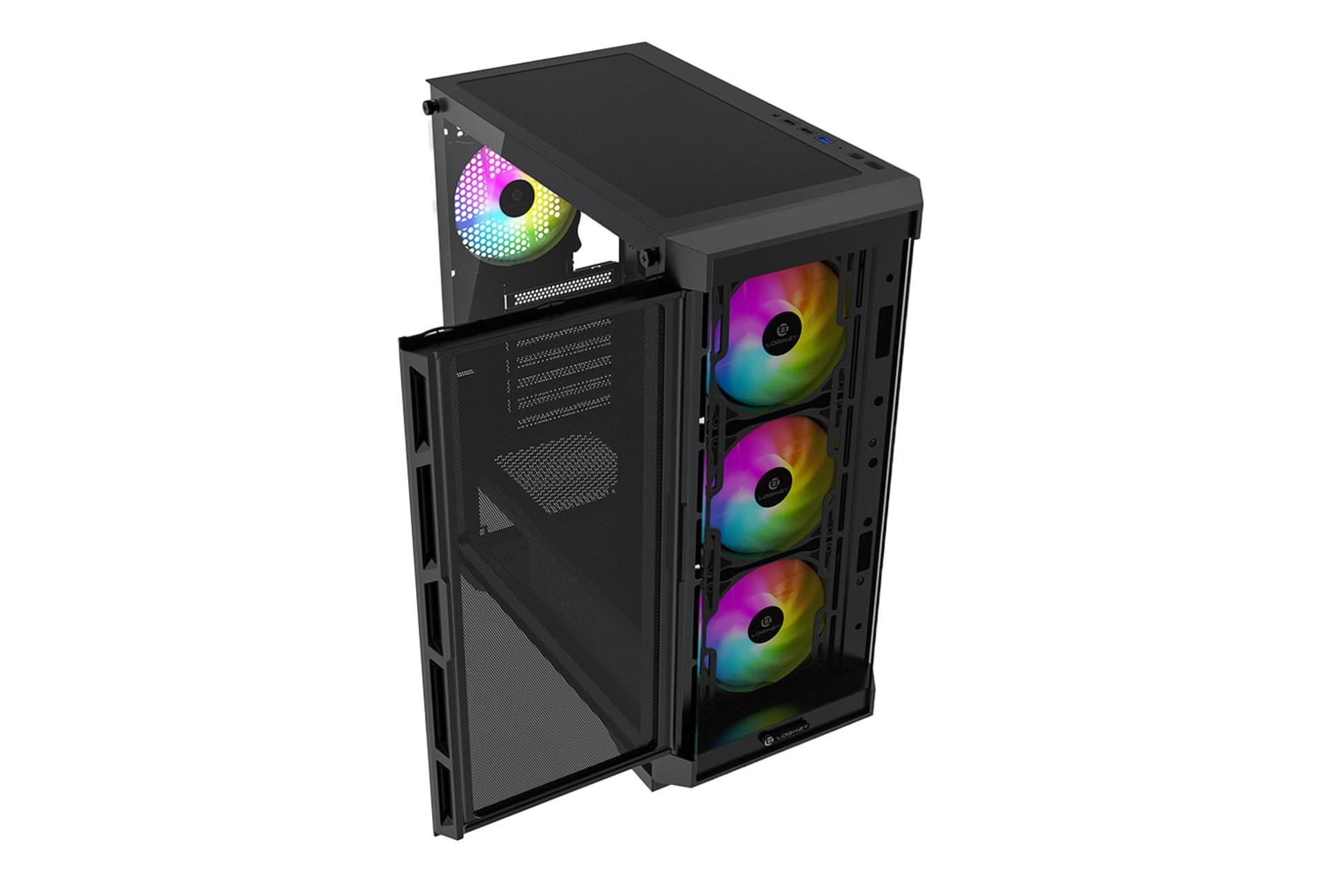 نمای نیمرخ کیس کامپیوتر لاجی کی C375B با نمایش قابلیت جداسازی پنل مش جلو