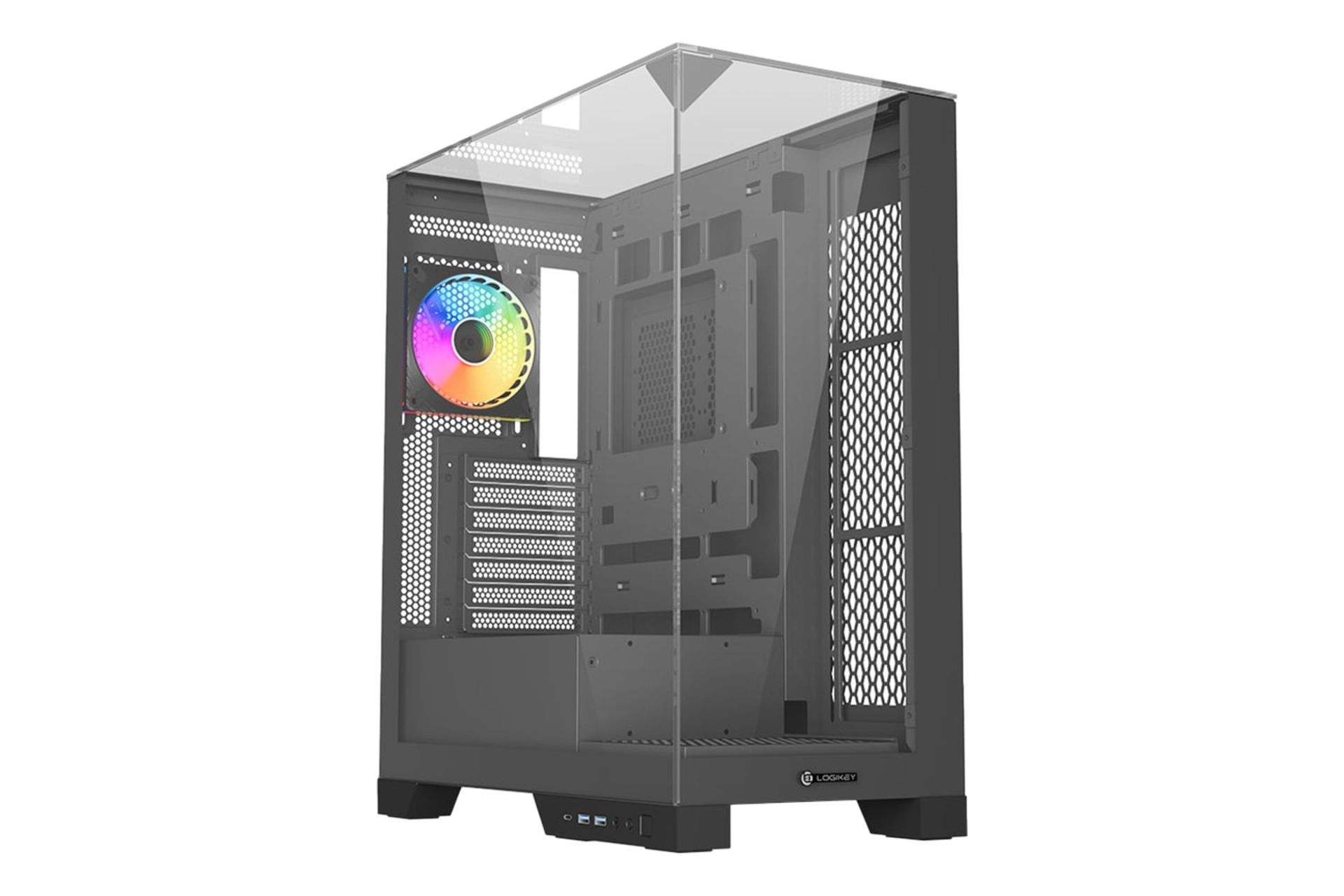 نمای نیمرخ کیس کامپیوتر لاجی کی C511B با نمایش پنل جلو و سمت چپ