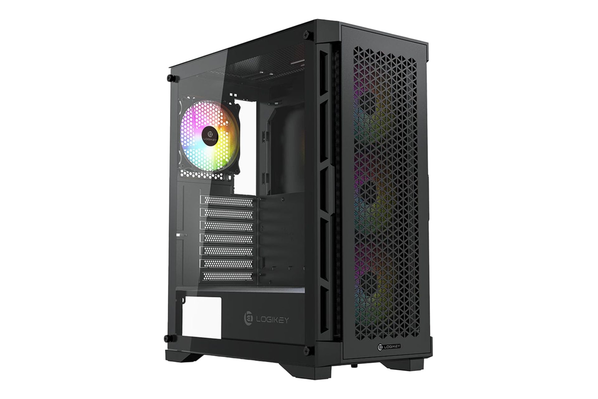 نمای نیمرخ کیس کامپیوتر لاجی کی C374B با نمایش پنل جلو و سمت چپ