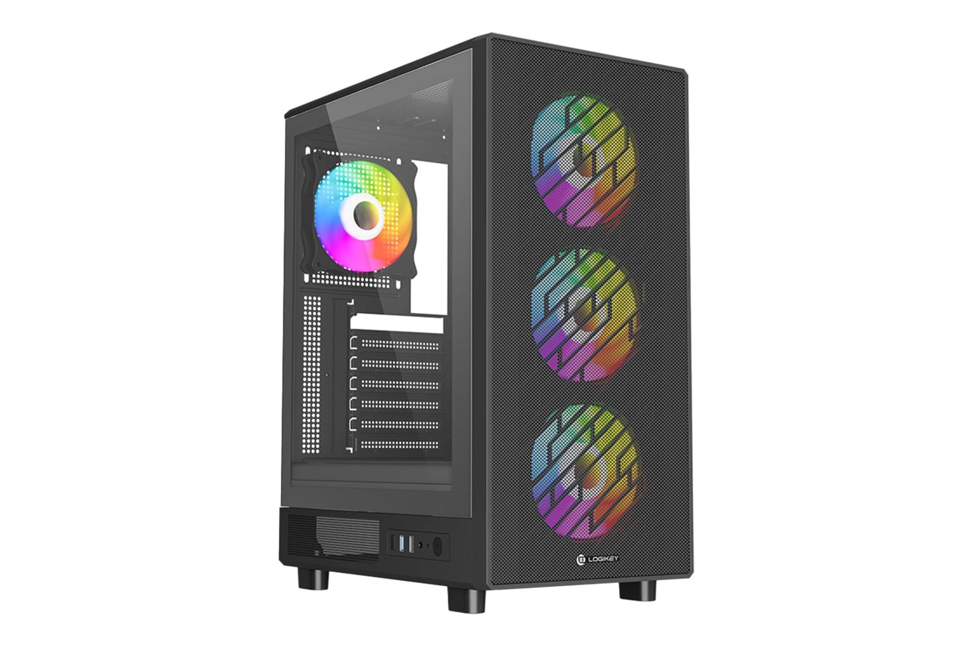 نمای نیمرخ کیس کامپیوتر لاجی کی C364B با نمایش پنل جلو و سمت چپ