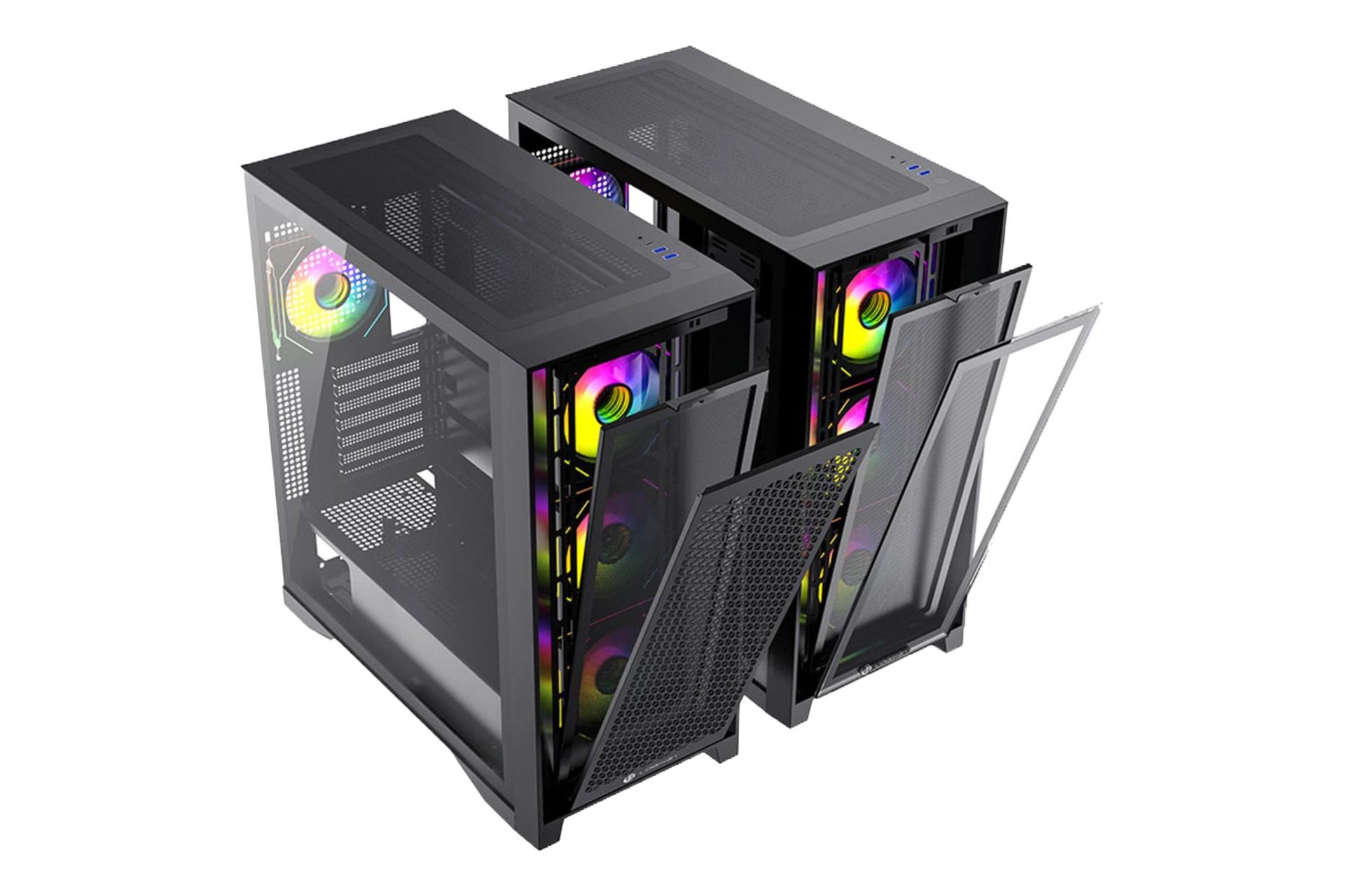 نمای نیمرخ کیس کامپیوتر لاجی کی C634B با نمایش پنل‌های شیشه‌ای و مش جلو با قابلیت جداسازی