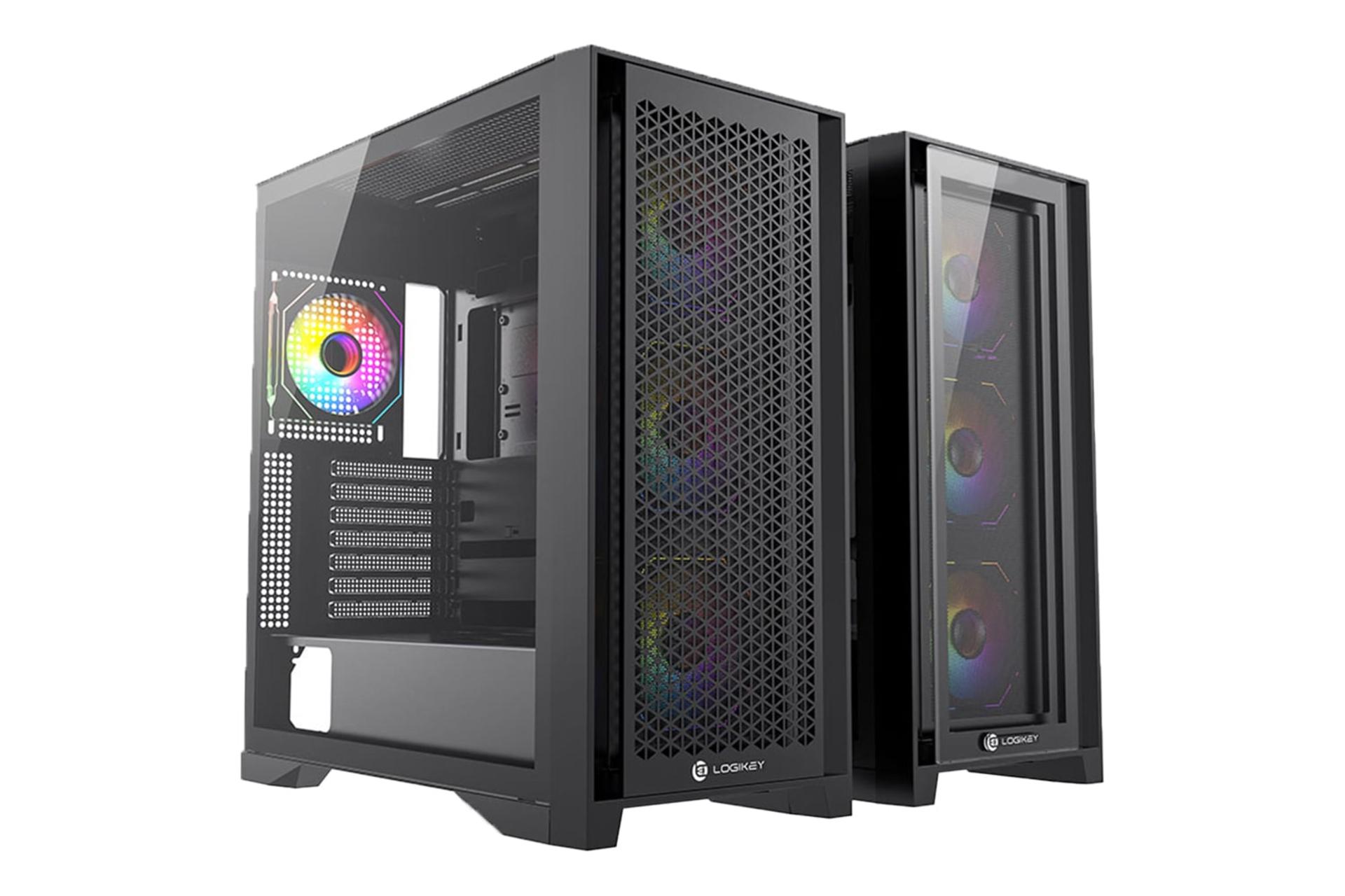 نمای نیمرخ کیس کامپیوتر لاجی کی C634B با نمایش پنل‌های شیشه‌ای و مش جلو