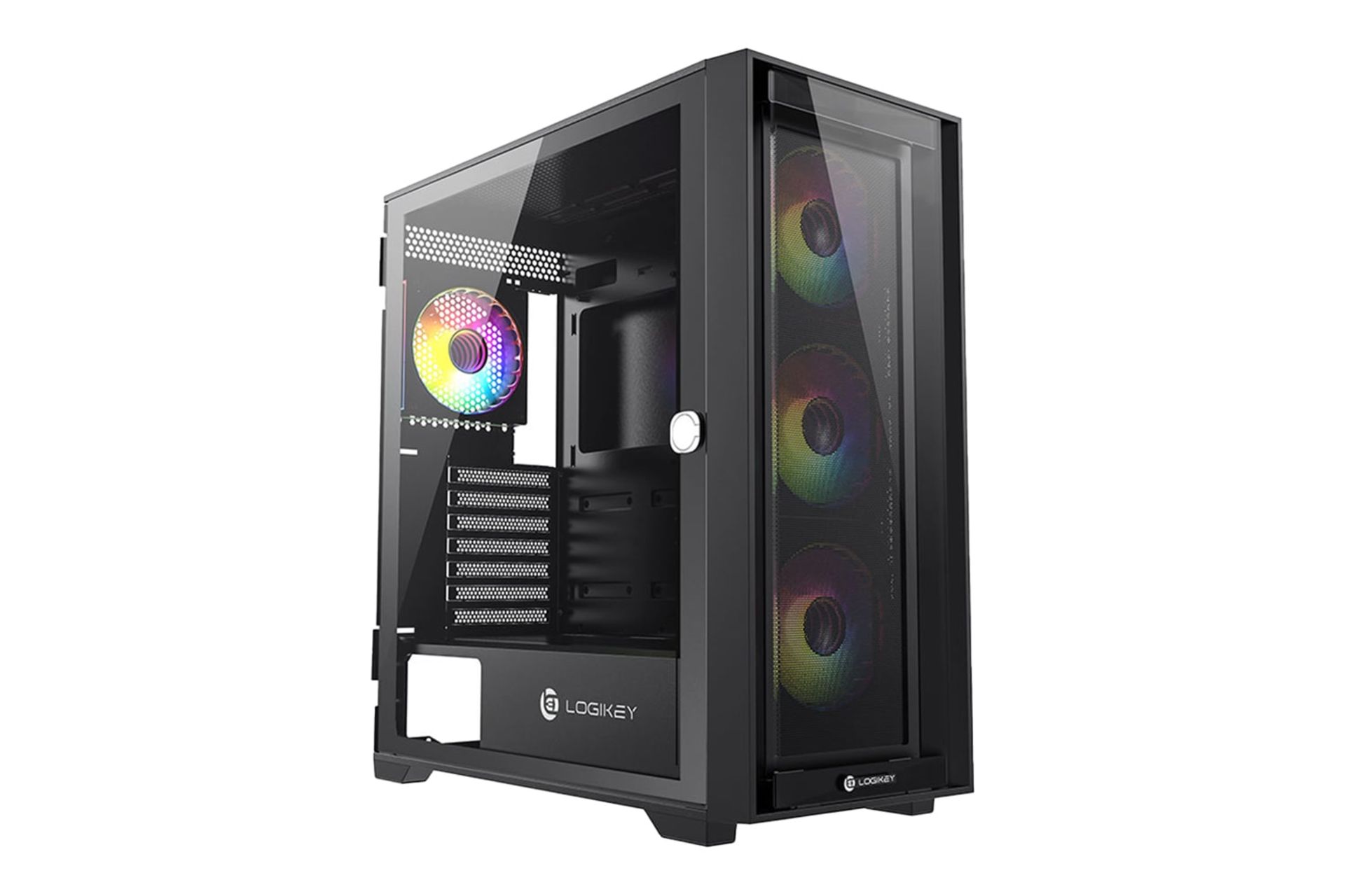 نمای نیمرخ کیس کامپیوتر لاجی کی C504B با نمایش پنل جلو و سمت چپ