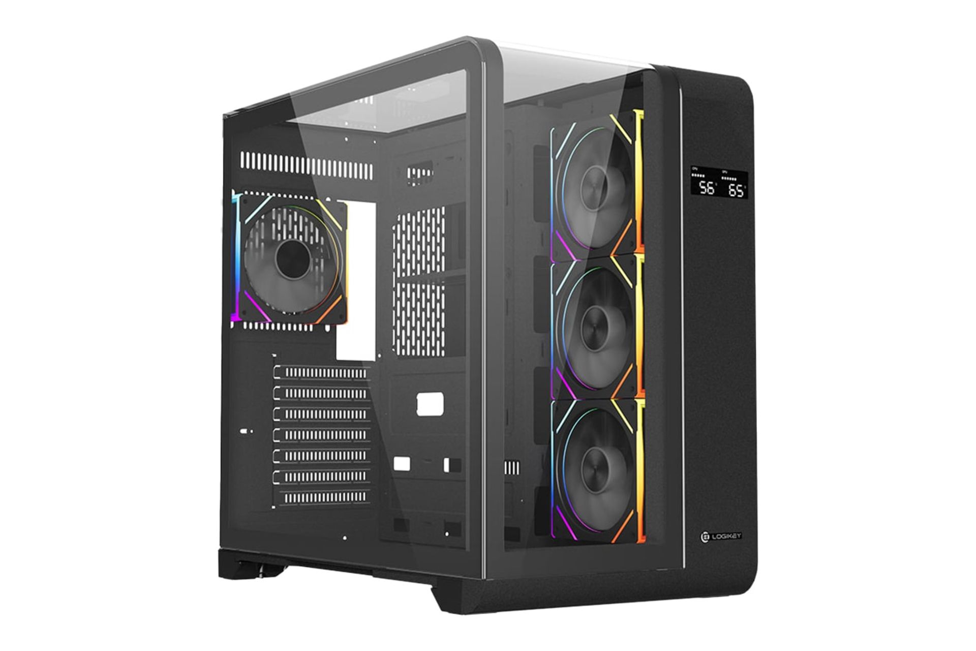 نمای نیمرخ کیس کامپیوتر لاجی کی C654B با نمایش پنل سمت چپ و نمایشگر LCD پنل جلو