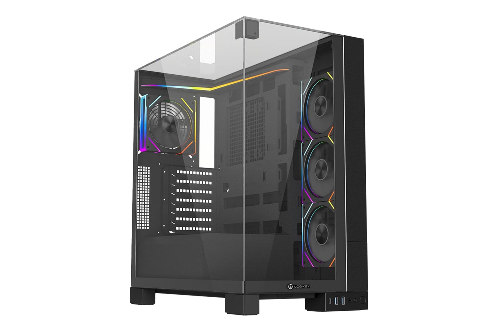 نمای نیمرخ کیس کامپیوتر لاجی کی C734B با نمایش پنل جلو و سمت چپ