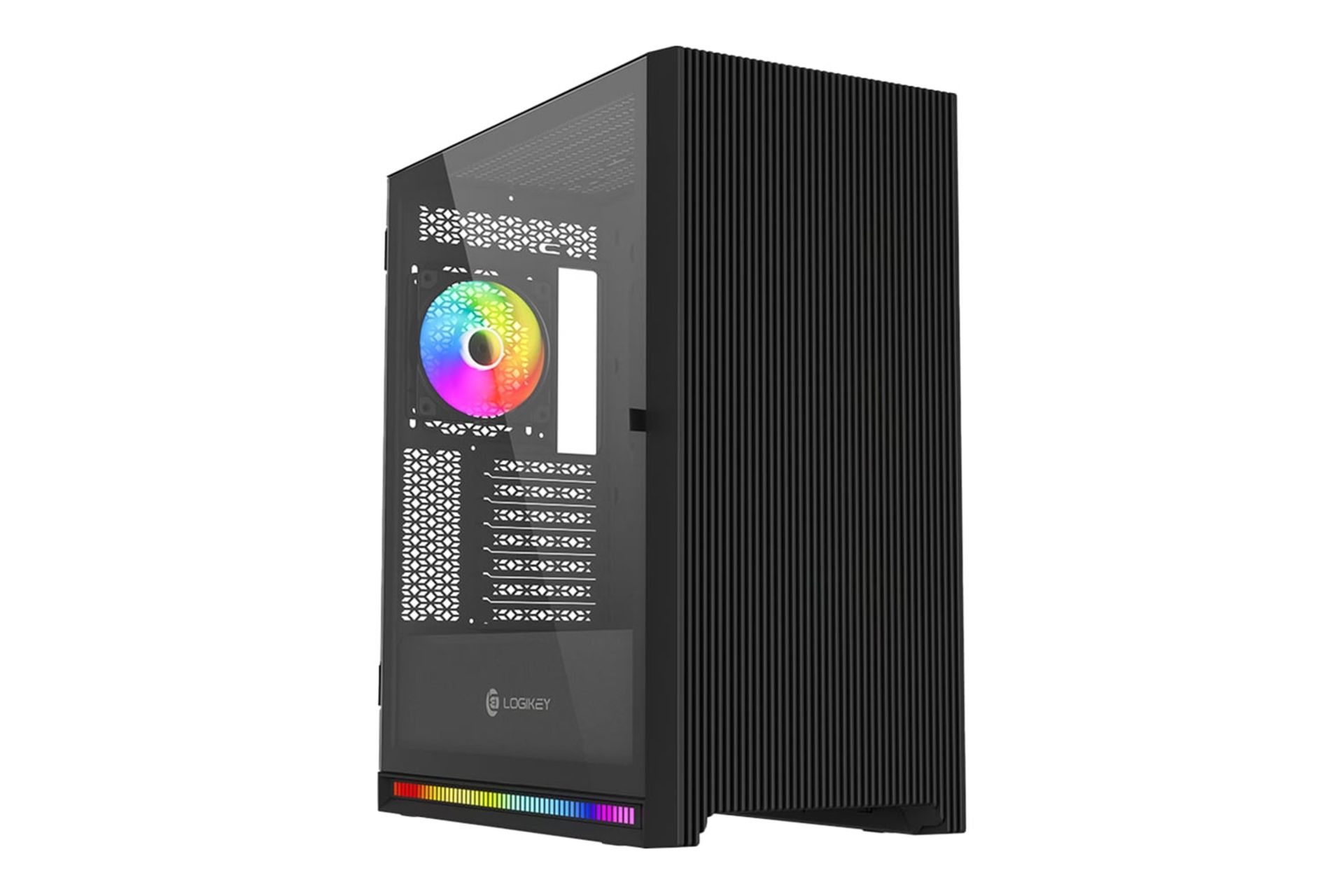 نمای نیمرخ کیس کامپیوتر لاجی کی C644B با نمایش پنل جلو، سمت چپ و نورپردازی