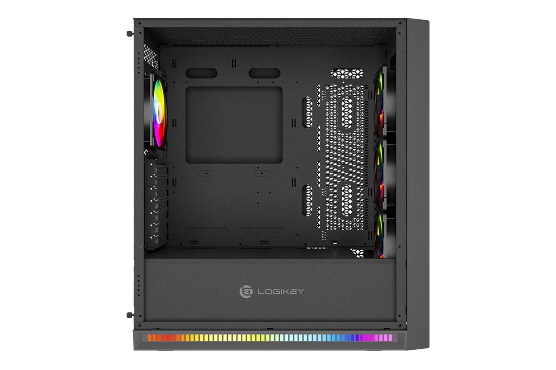 نمای داخلی پنل سمت چپ کیس کامپیوتر لاجی کی C644B با نمایش محل نصب مادربرد، لوگو و نورپردازی پایین کیس