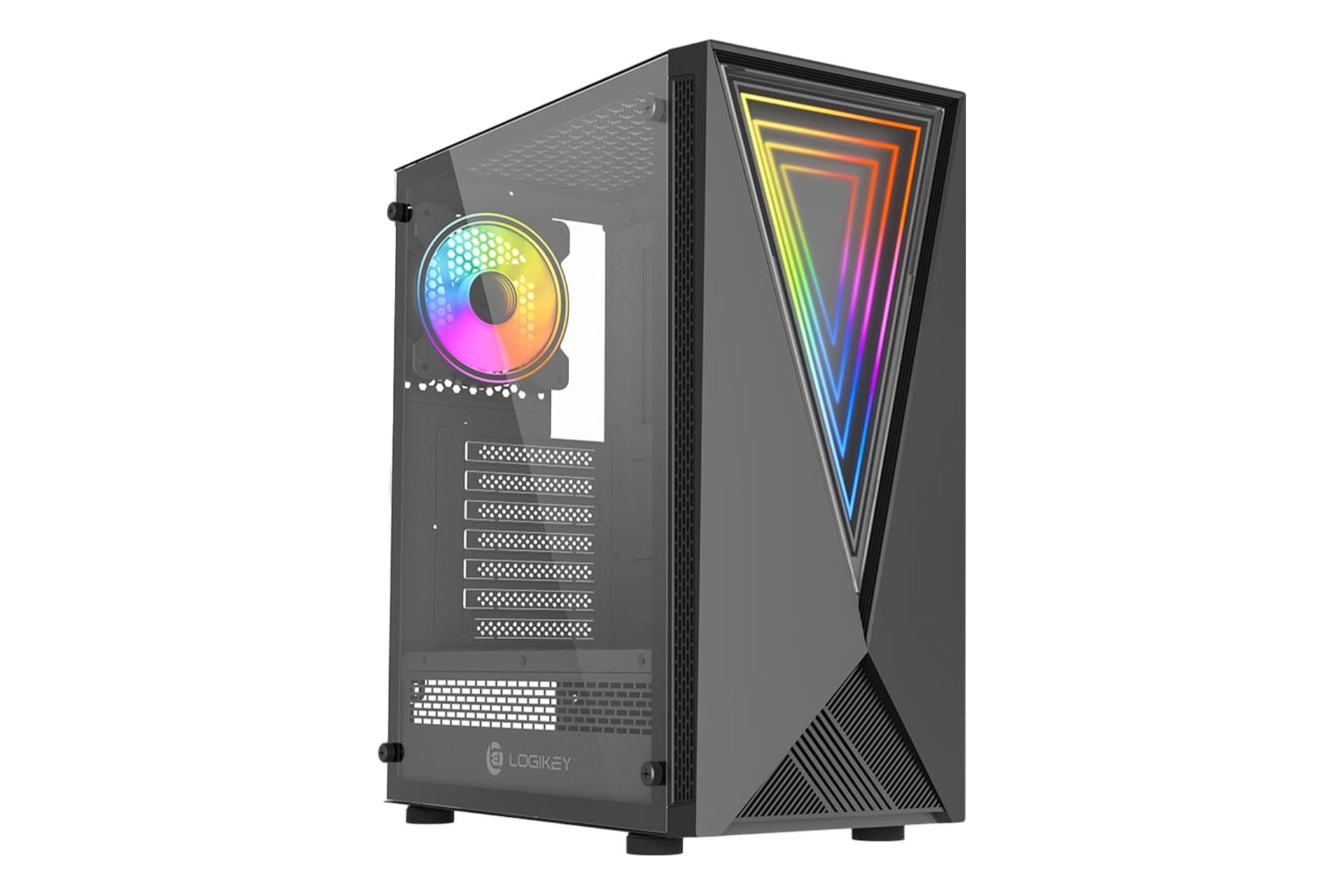 نمای نیمرخ کیس کامپیوتر لاجی کی C311B با نمایش پنل جلو، سمت چپ و نورپردازی