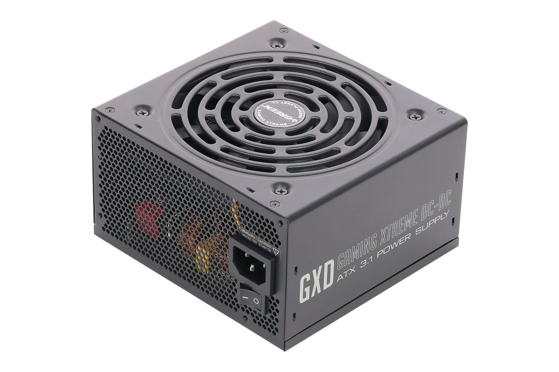 نمای نیمرخ پاور کامپیوتر گرین GP850B-GXD با توان 850 وات با نمایش پنل پشت، بالا و کناری، لوگو و فن