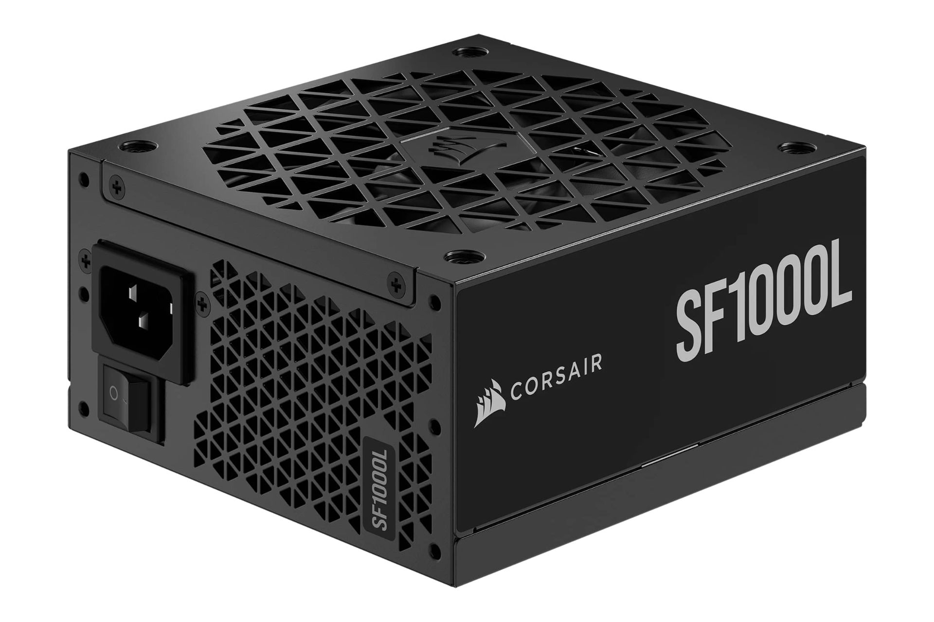 نمای نیمرخ پاور کامپیوتر کورسیر SF1000L با توان 1000 وات با نمایش پنل پشت، کناری، بالا، فن و لوگو