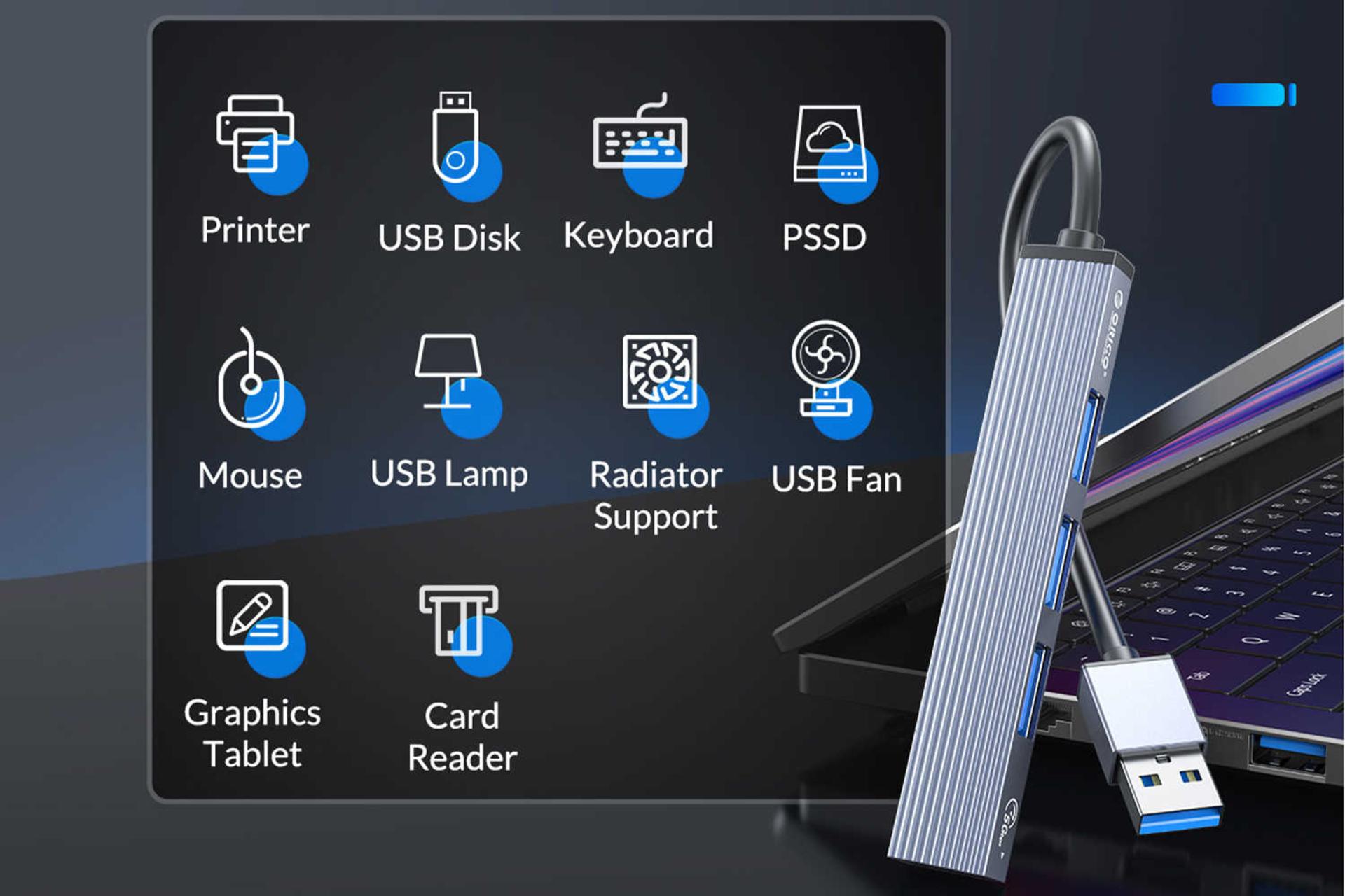 دستگاه‌های قابل اتصال به هاب USB-A اوریکو 4 پورت مدل AH-A12F
