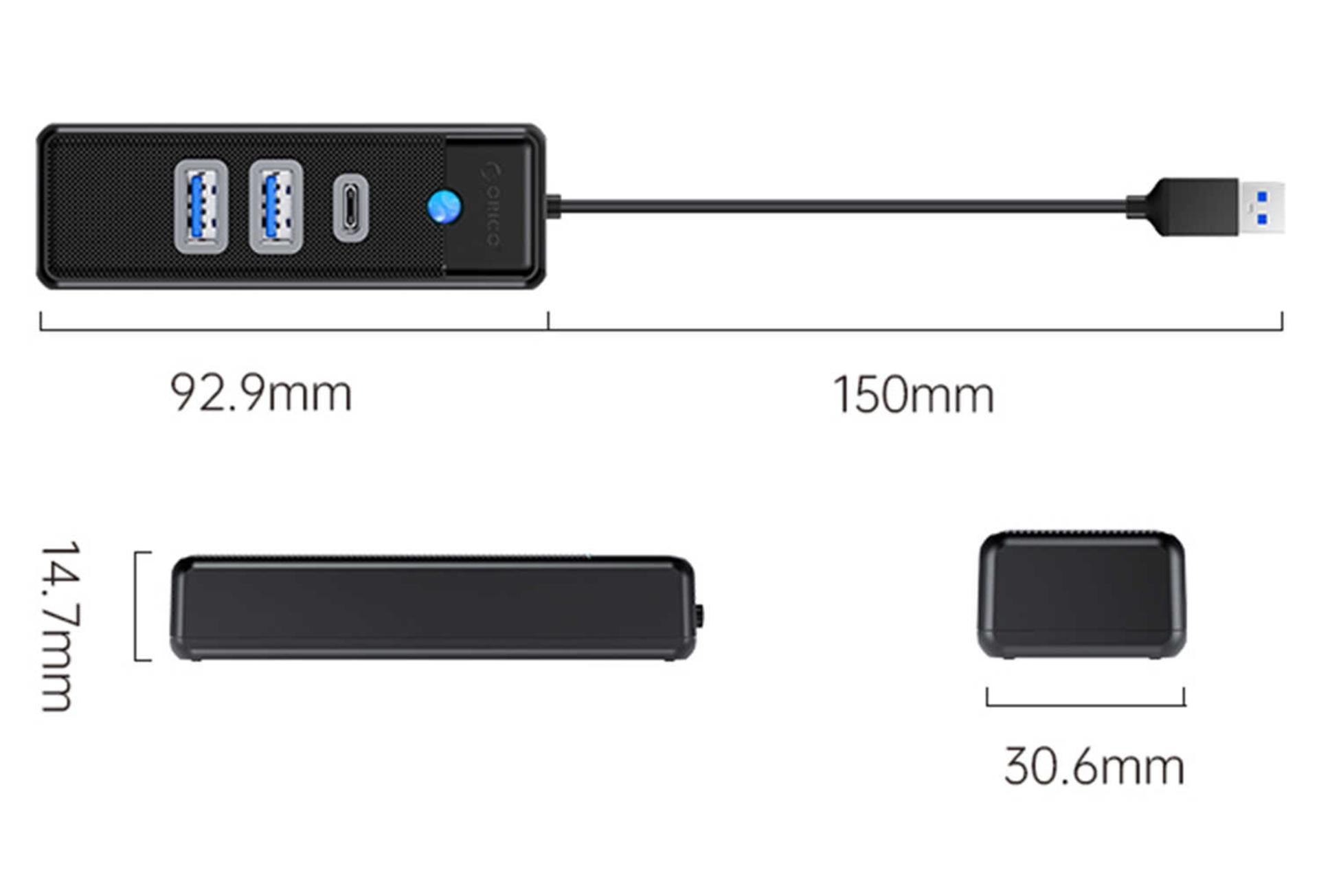 ابعاد و اندازه هاب USB-A اوریکو 3 پورت مدل PWC2U-U3