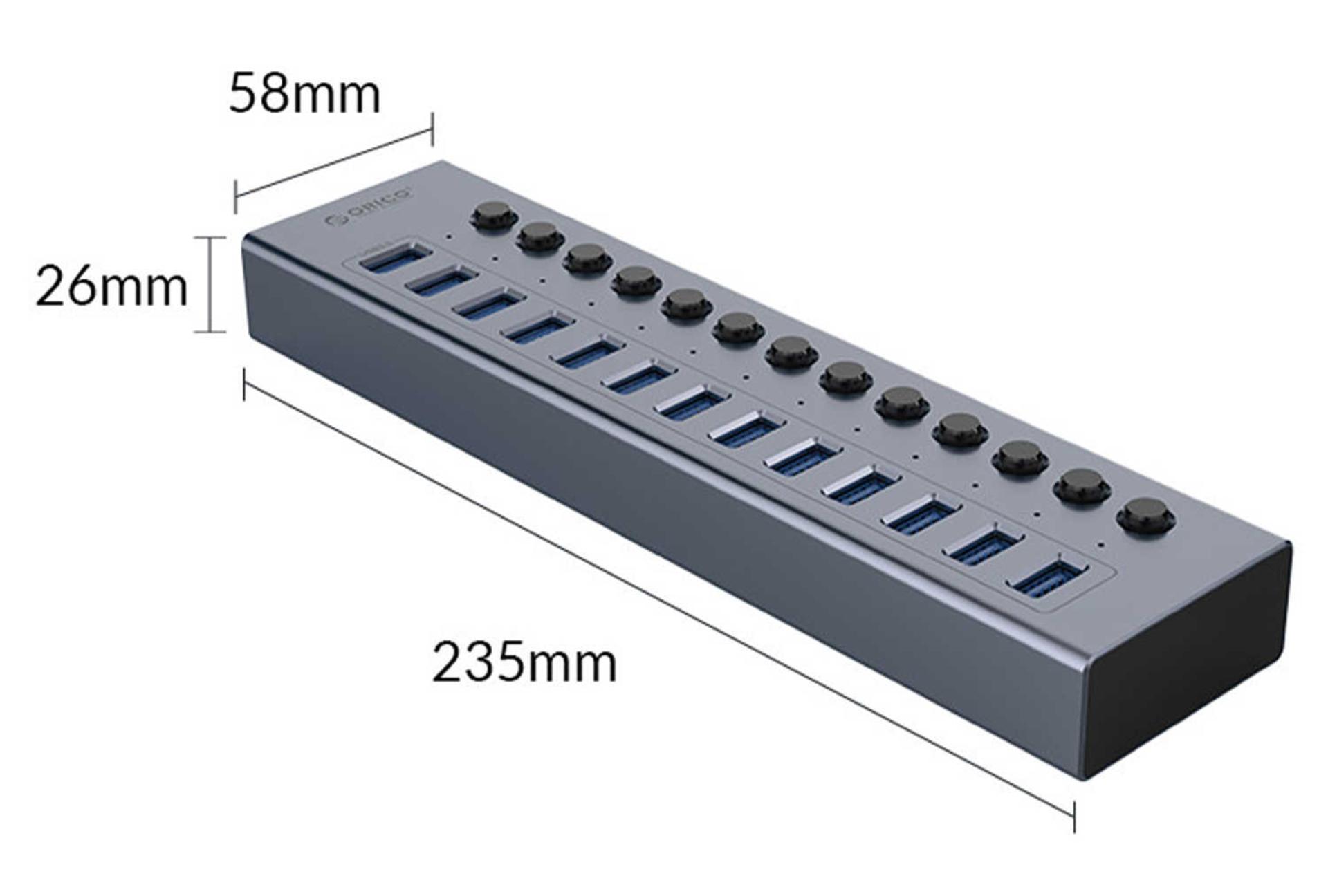 ابعاد و اندازه هاب USB-A اوریکو 13 پورت مدل BT2U3-13AB