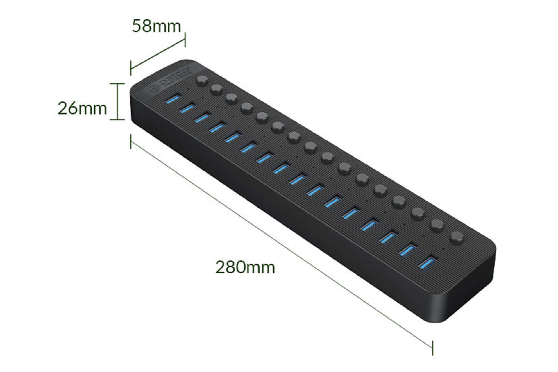 ابعاد و اندازه هاب USB-A اوریکو 16 پورت مدل CT2U3-16AB
