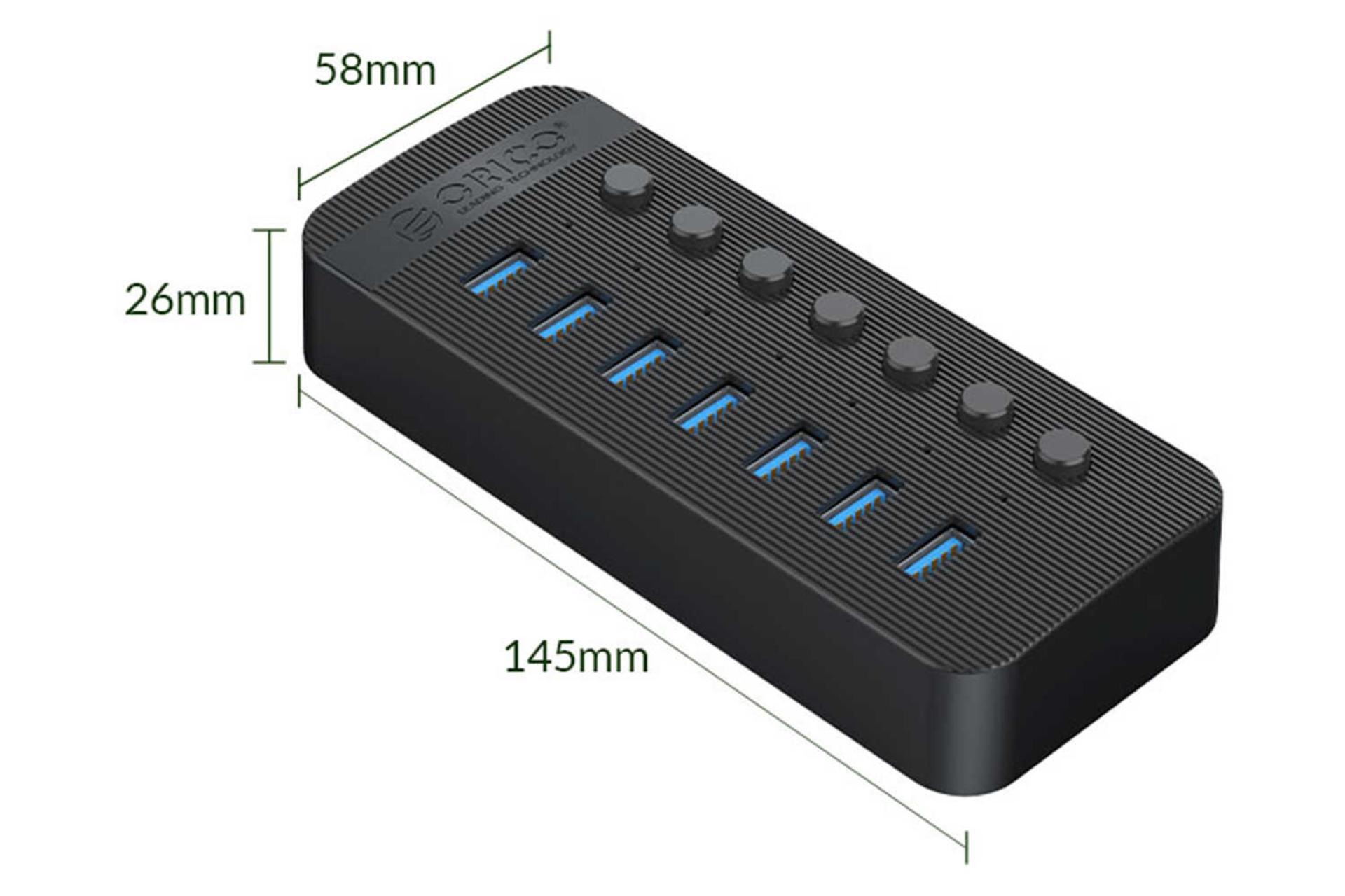 ابعاد و اندازه هاب USB-A اوریکو 7 پورت مدل CT2U3-7AB