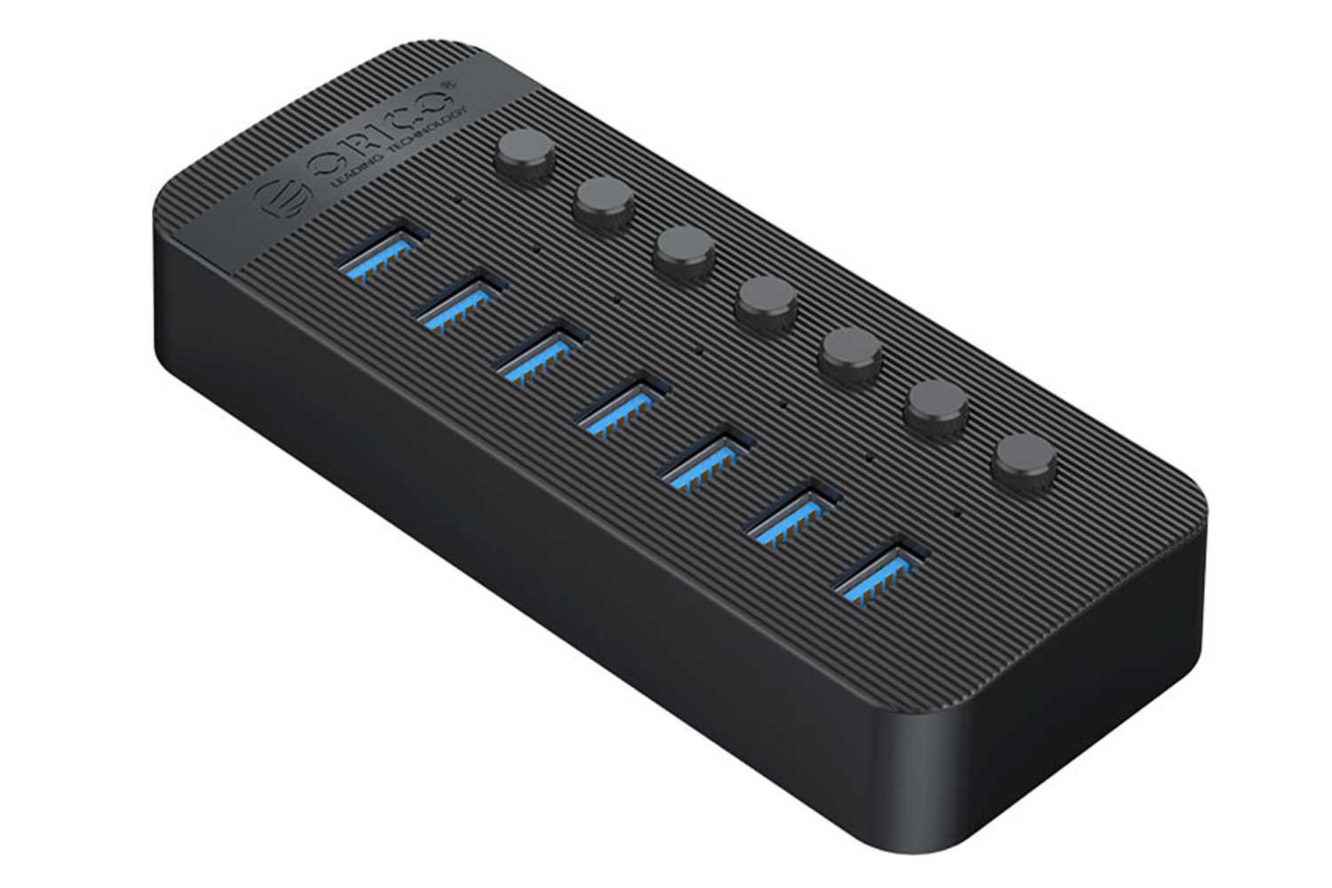 نمای سمت چپ هاب USB-A اوریکو 7 پورت مدل CT2U3-7AB رنگ مشکی