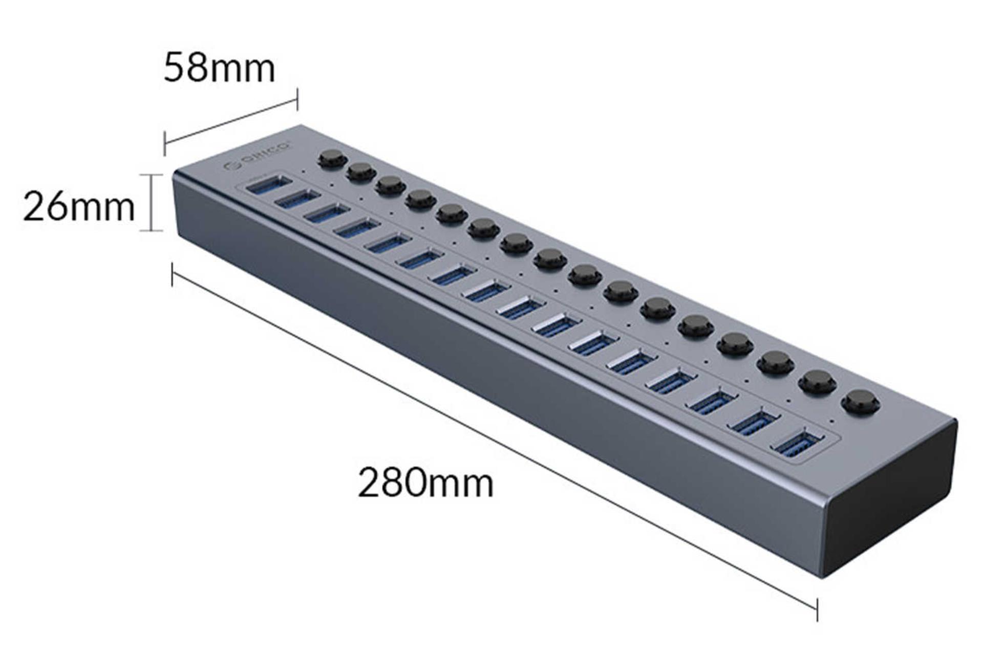 ابعاد و اندازه هاب USB-A اوریکو 16 پورت مدل BT2U3-16AB