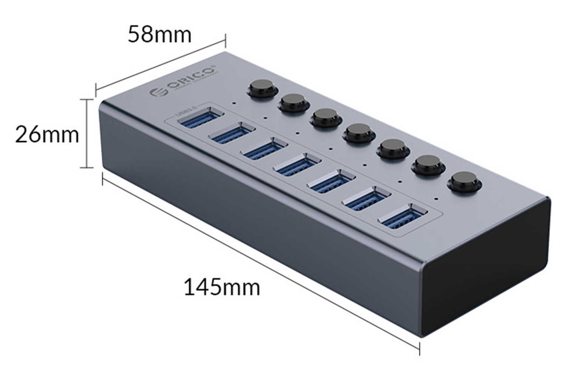 ابعاد و اندازه هاب USB-A اوریکو 7 پورت مدل BT2U3-7AB