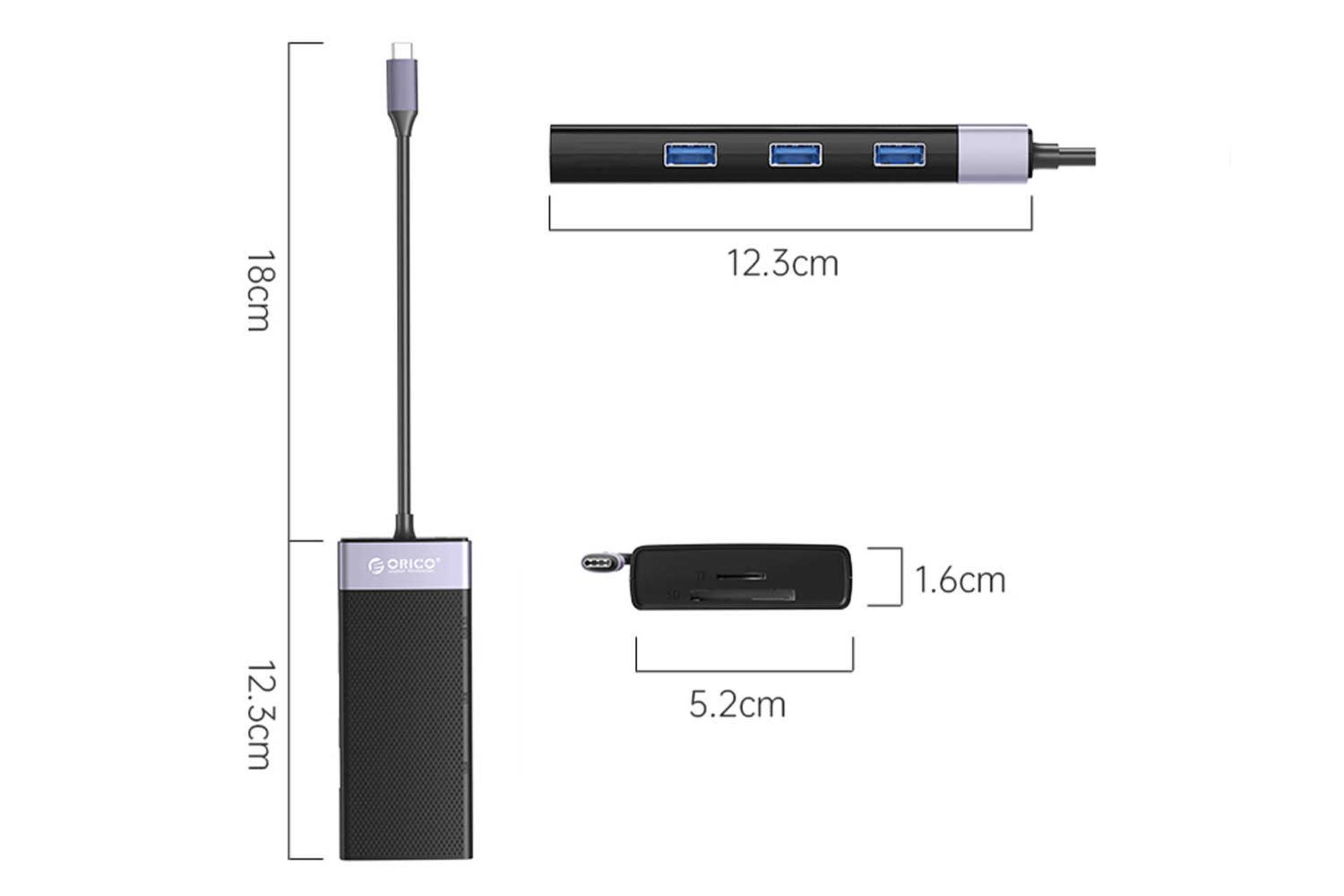 ابعاد هاب USB-C اوریکو 10 پورت مدل MDK-10P