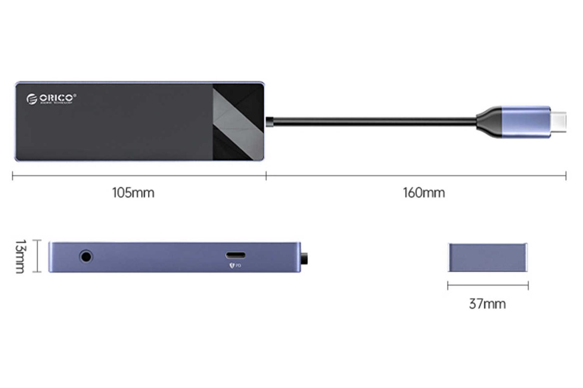 ابعاد و اندازه هاب USB-C اوریکو 6 پورت مدل DM-6P