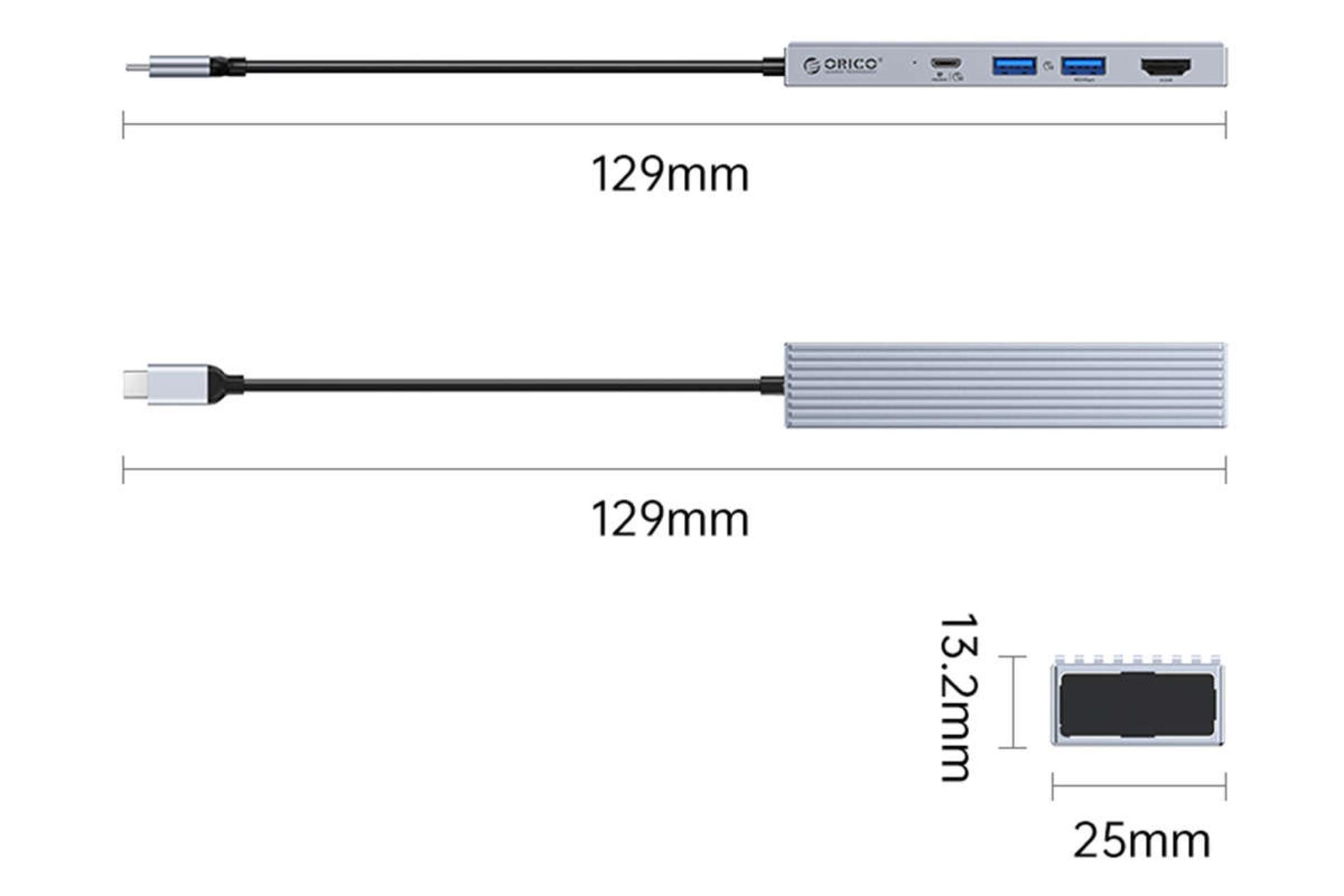 ابعاد و اندازه هاب USB-C اوریکو 4 پورت مدل EHF-2U1CH